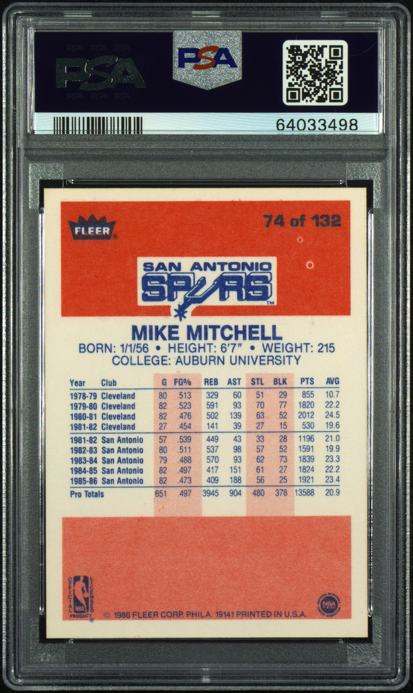 1986 Fleer Mike Mitchell #74 PSA 9
