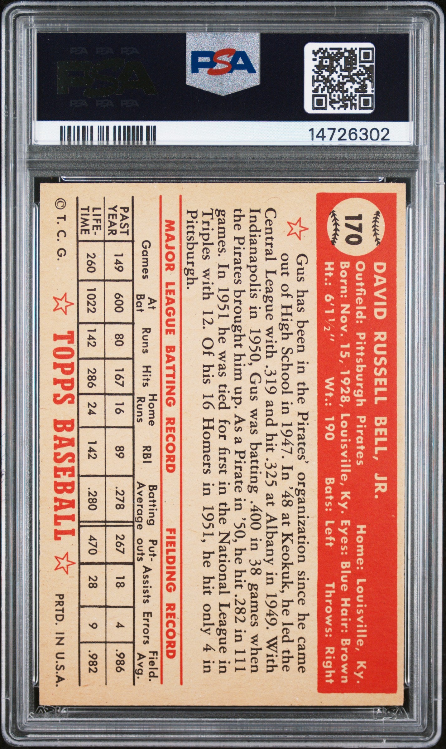 1952 Topps Gus Bell #170 PSA 7