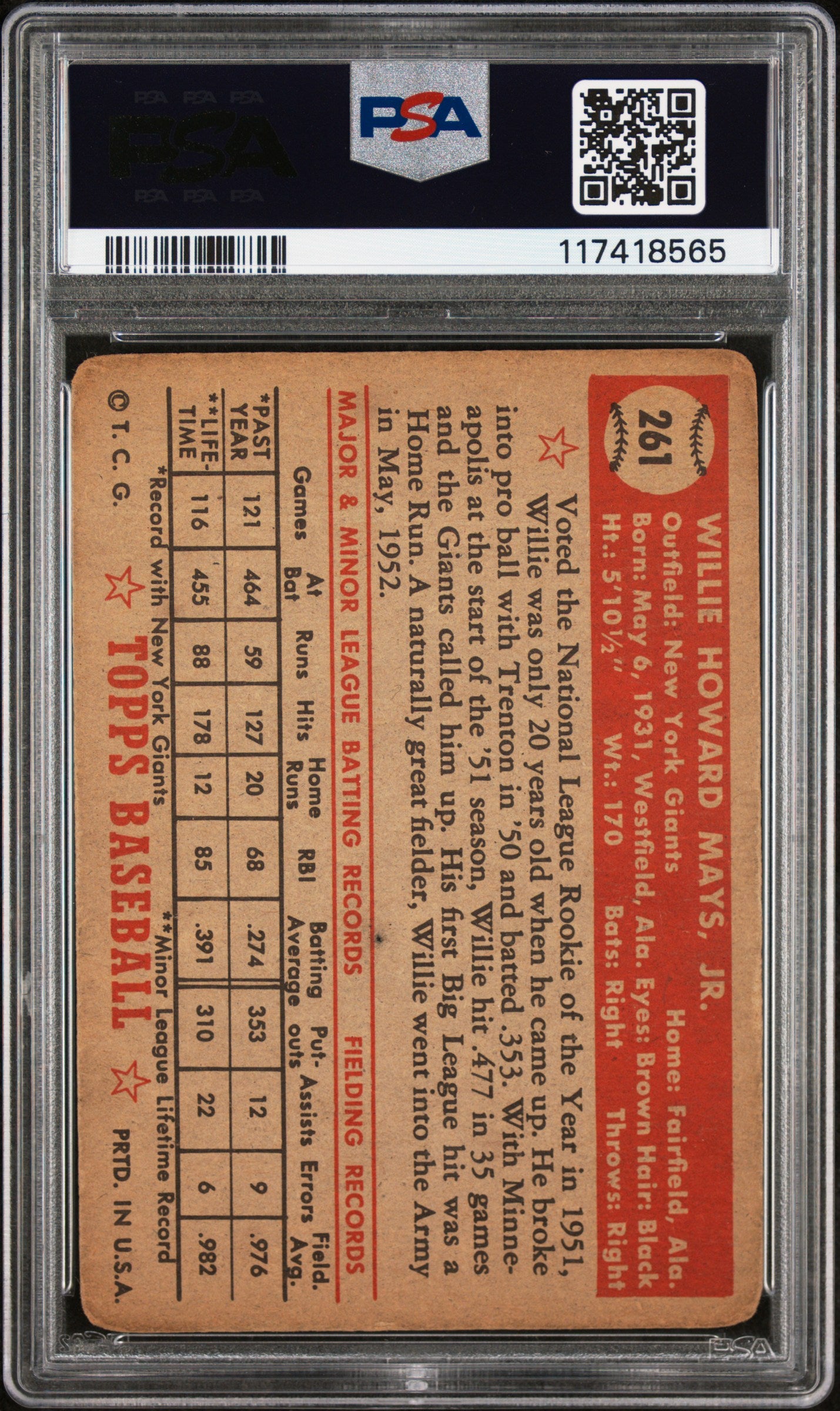 1952 Topps Willie Mays #261 PSA A