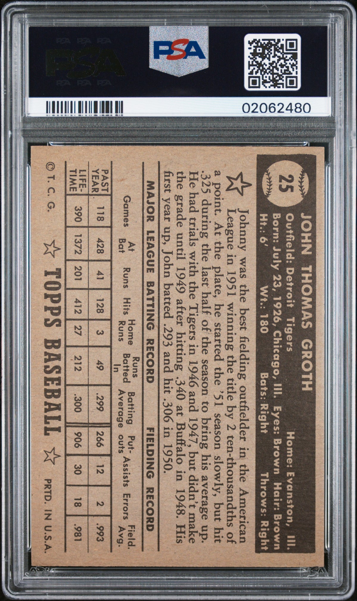 1952 Topps Johnny Groth #25 Black Back PSA 7