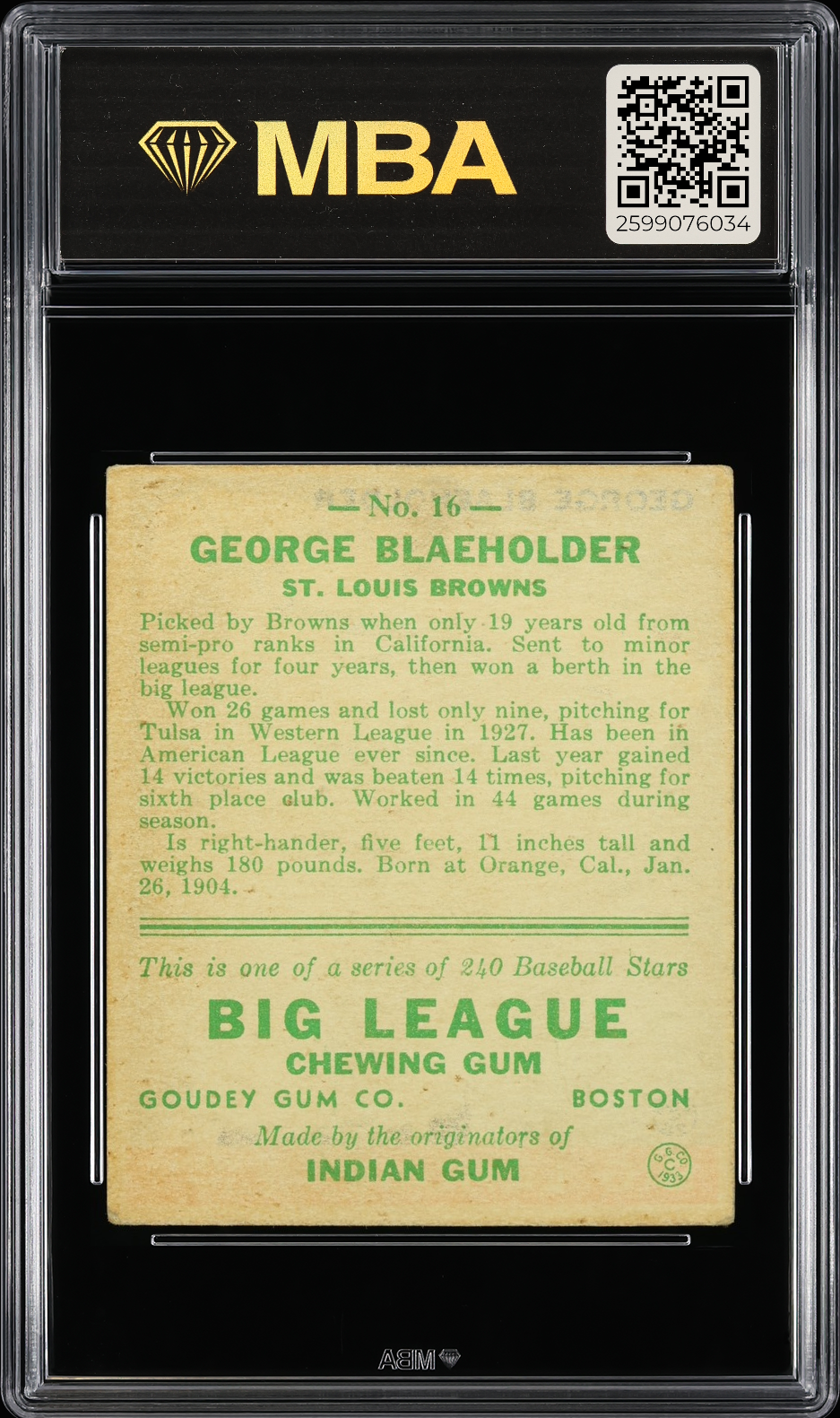 1933 Goudey George Blaeholder #16 MBA 3