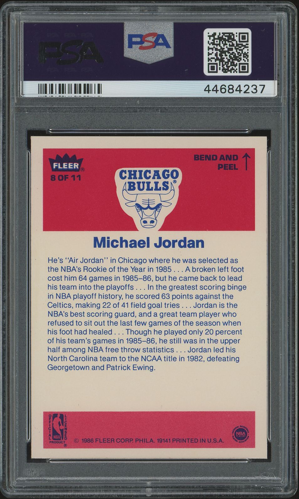 1986 Fleer Sticker Michael Jordan #8 PSA 9