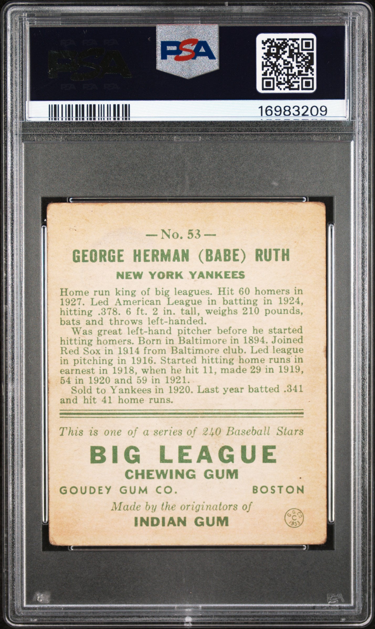 1933 Goudey Babe Ruth #53 PSA 3.5