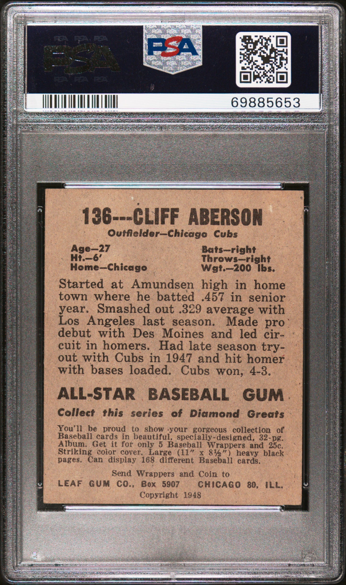 1948 Leaf Cliff Aberson #136 Full Sleeves PSA 6