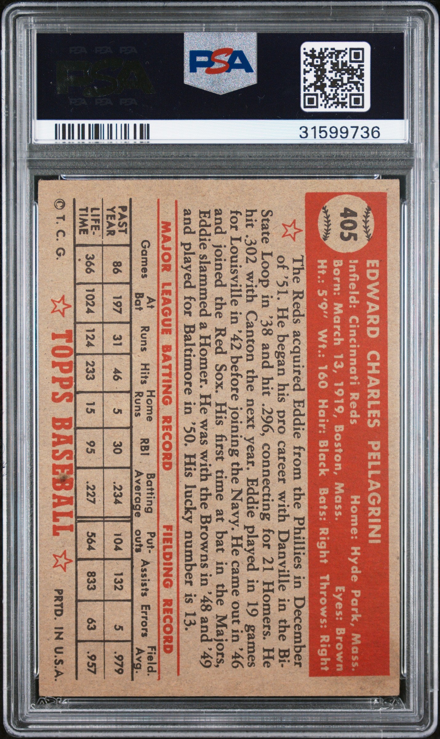 1952 Topps Eddie Pellagrini #405 PSA 7