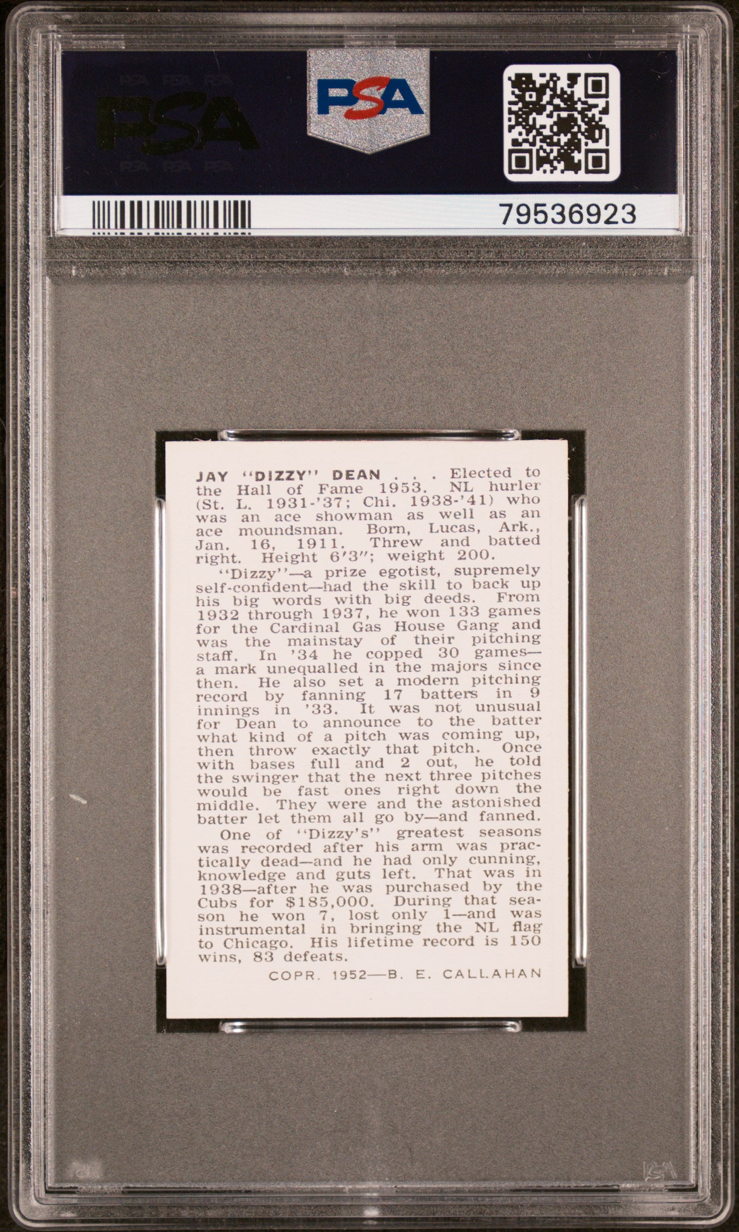 1950-56 Callahan Hall Of Fame Dizzy Dean PSA 8