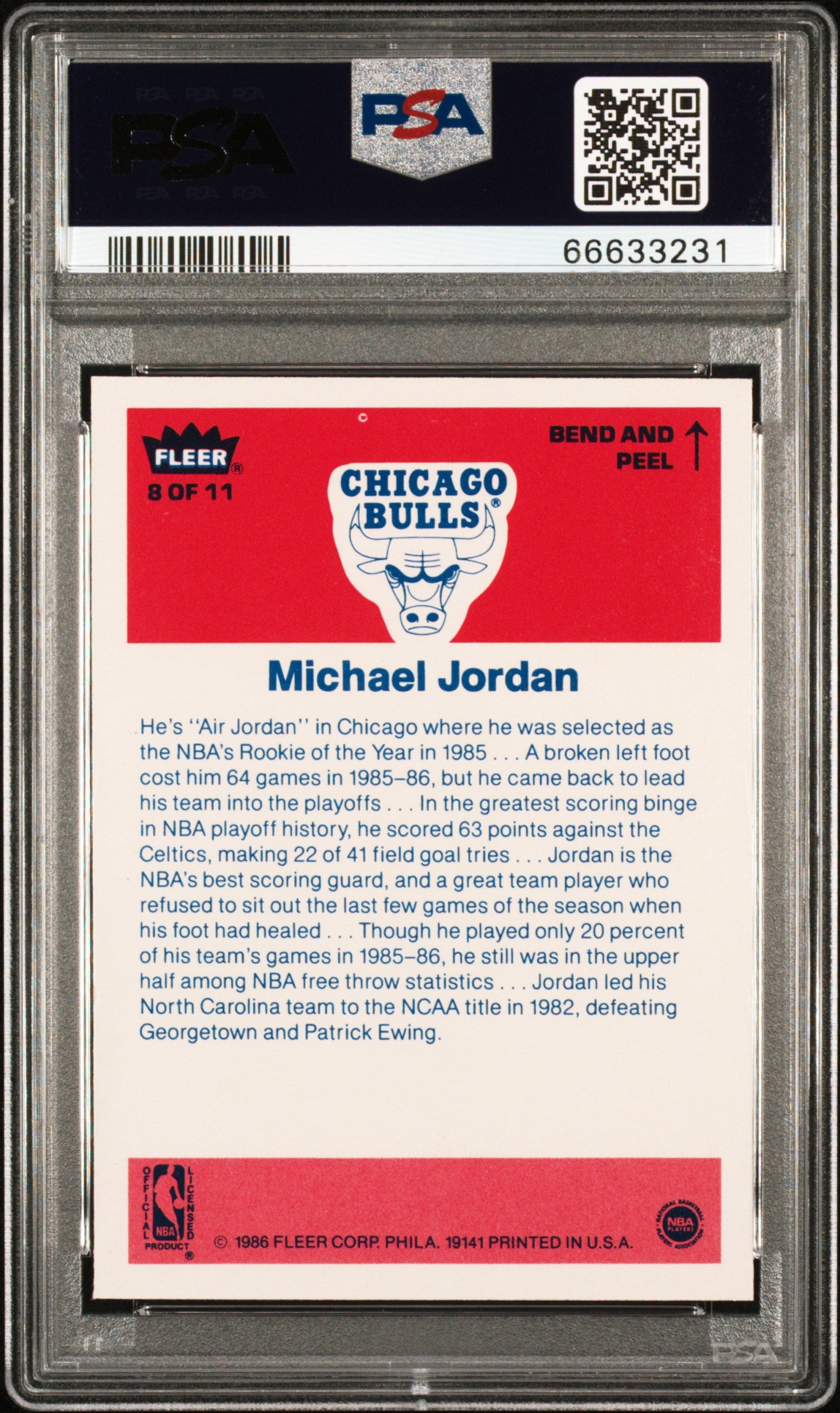 1986 Fleer Sticker Michael Jordan #8 PSA 9