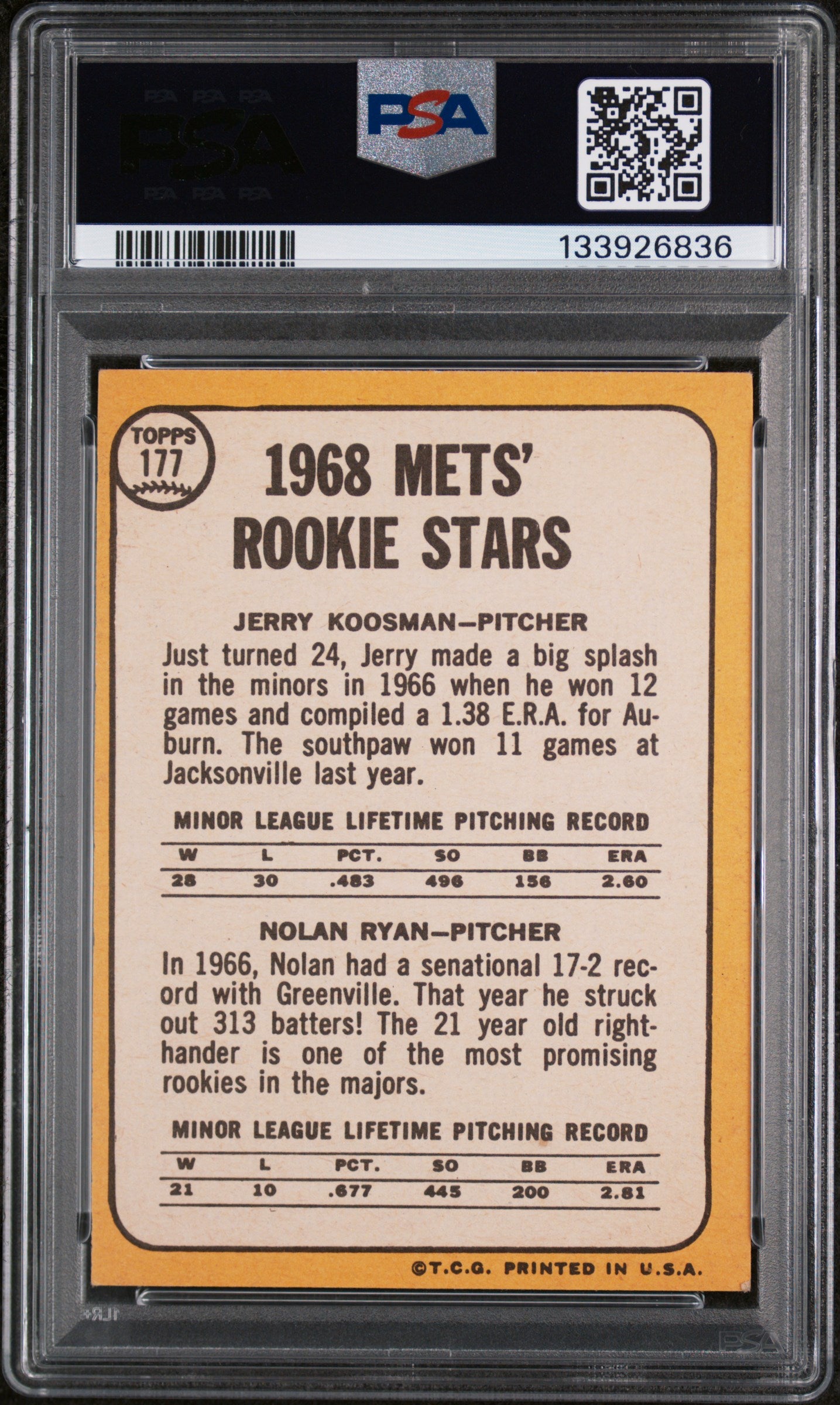 1968 Topps Mets Rookies #177 J. Koosman N. Ryan PSA 5
