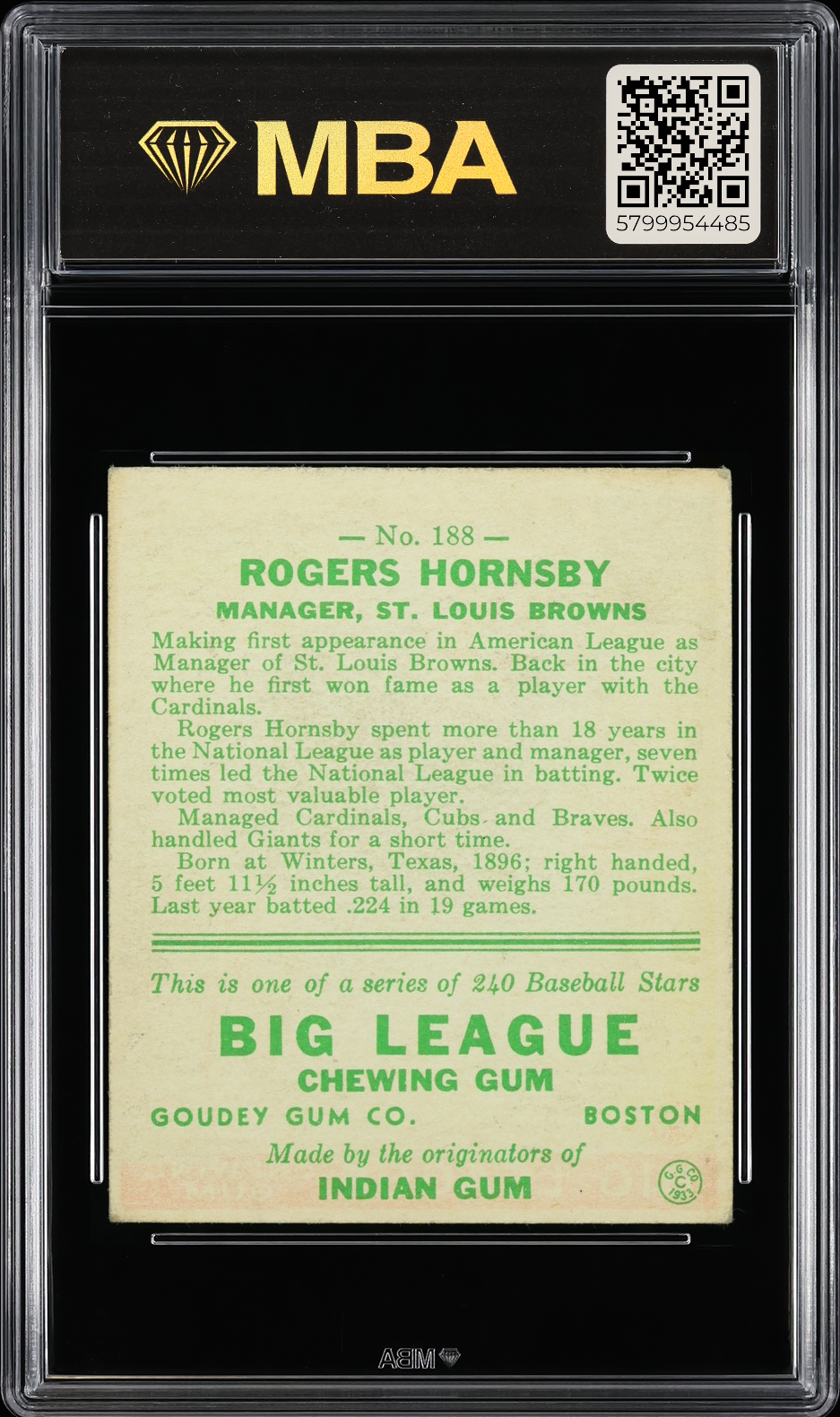 1933 Goudey Rogers Hornsby #188 MBA 4