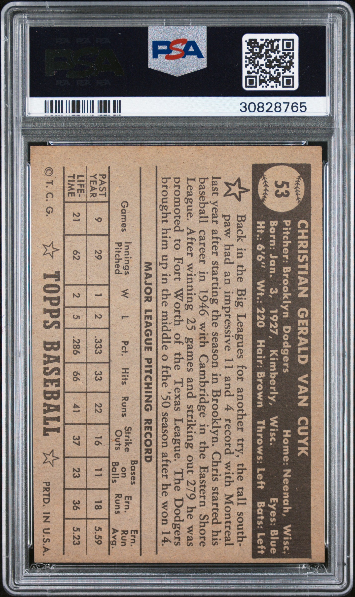 1952 Topps Chris Van Cuyk #53 Black Back PSA 7
