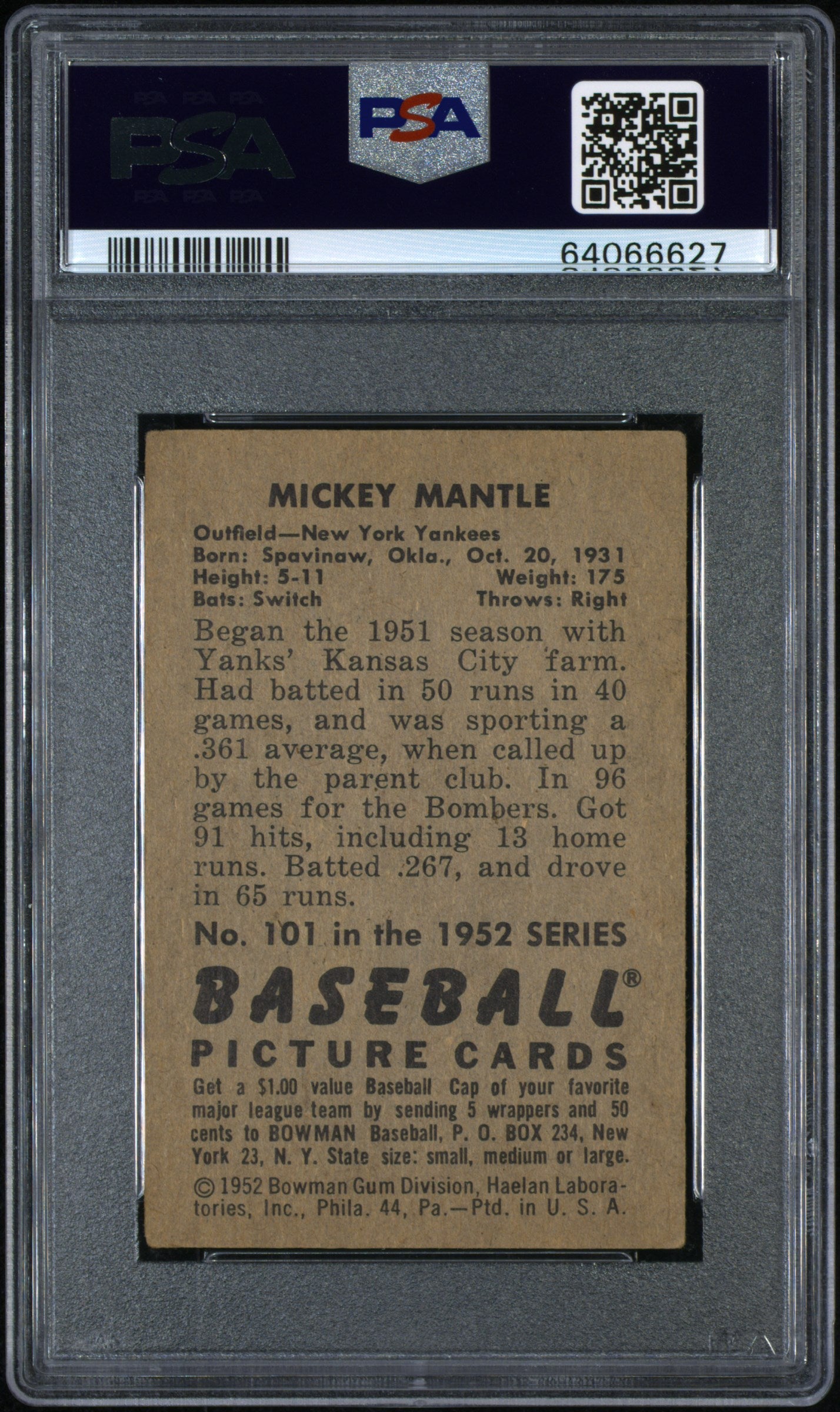 1952 Bowman Mickey Mantle #101 PSA 3