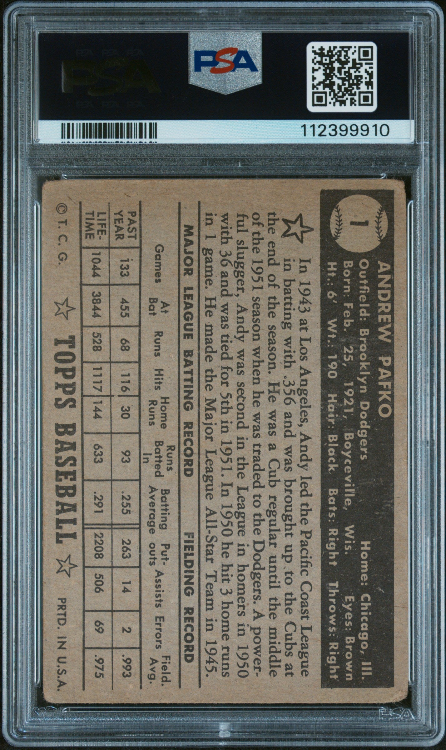 1952 Topps Andy Pafko #1 Black Back PSA 1.5