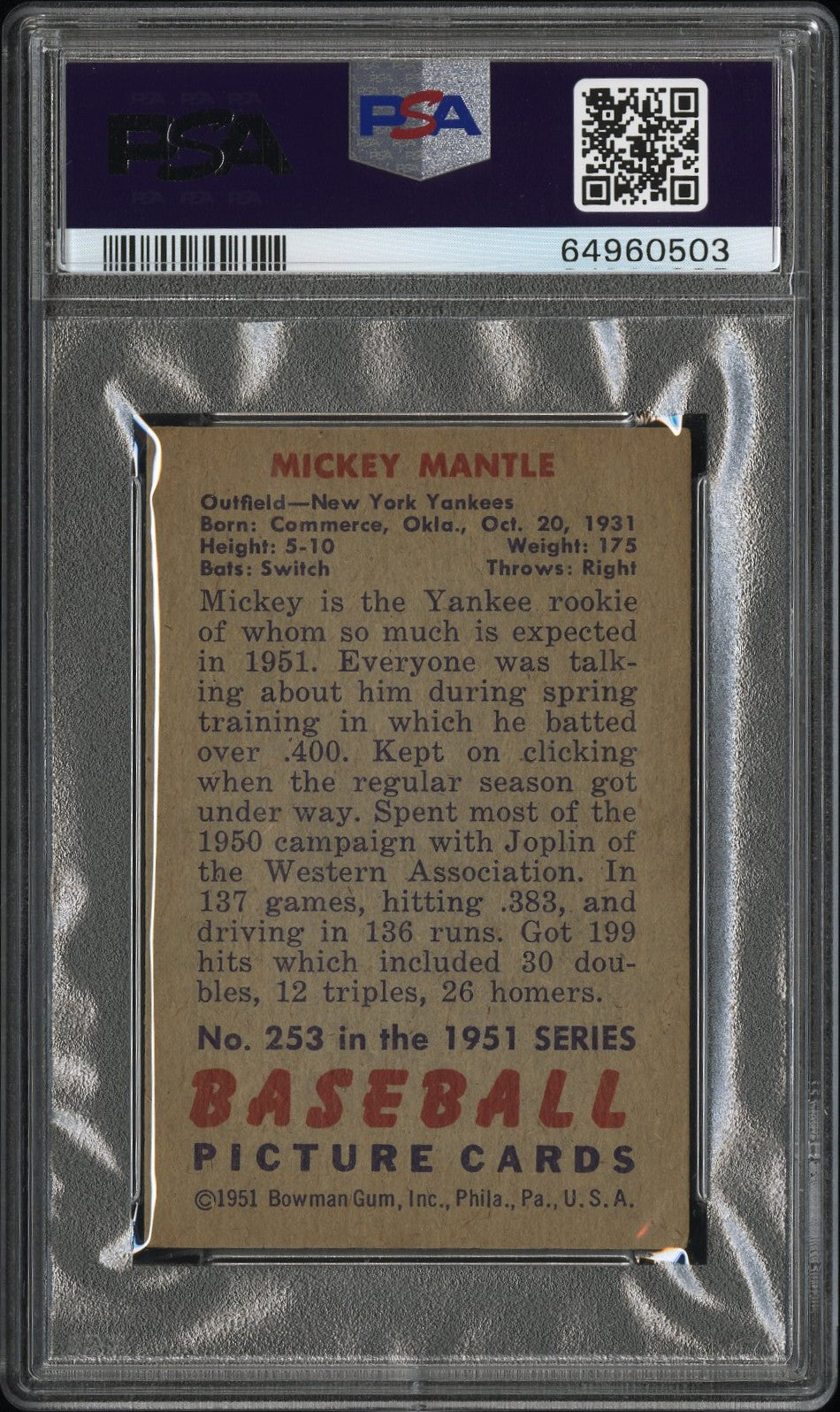 1951 Bowman Mickey Mantle #253 PSA 3