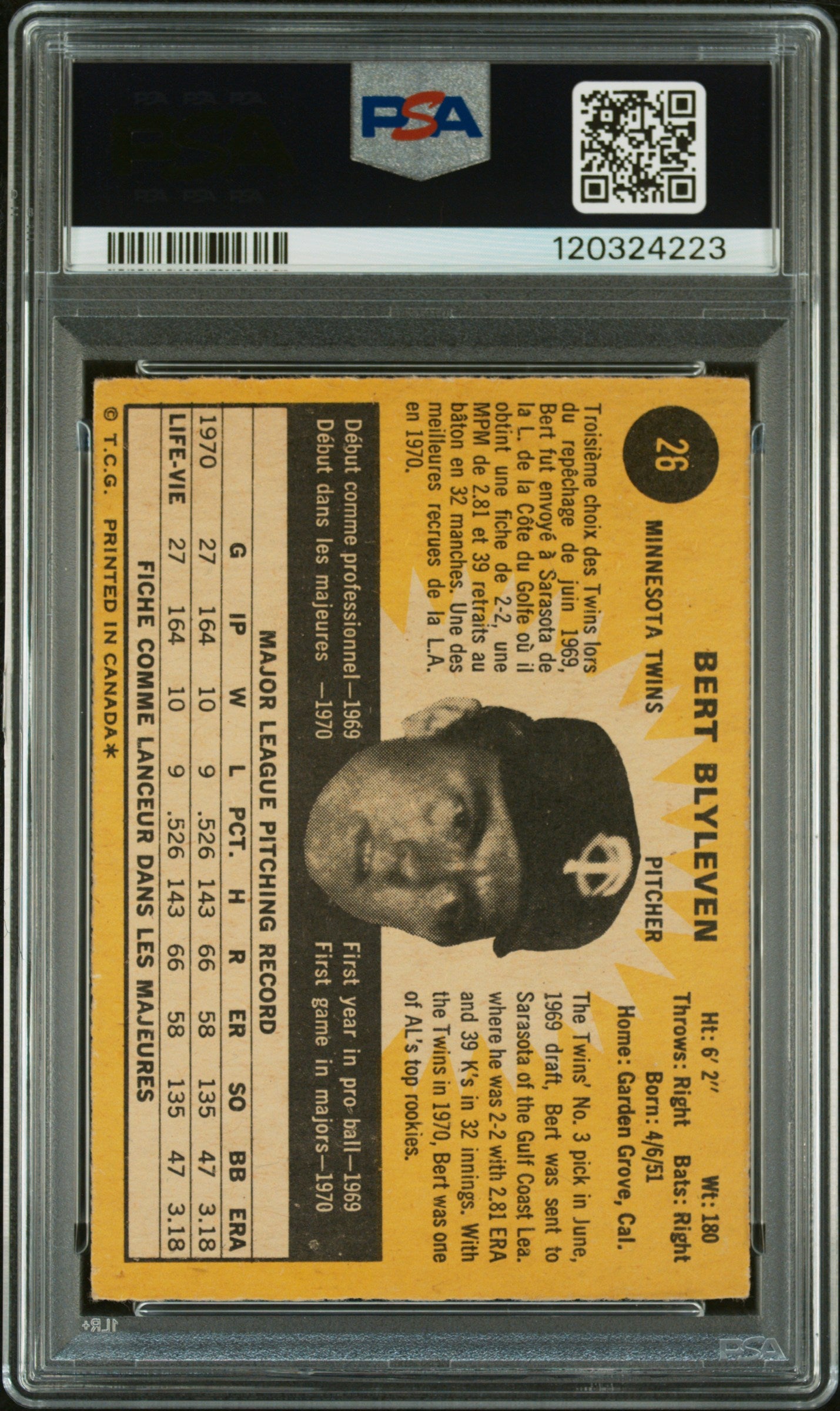 1971 O-Pee-Chee Bert Blyleven #26 PSA 4 Auto 10
