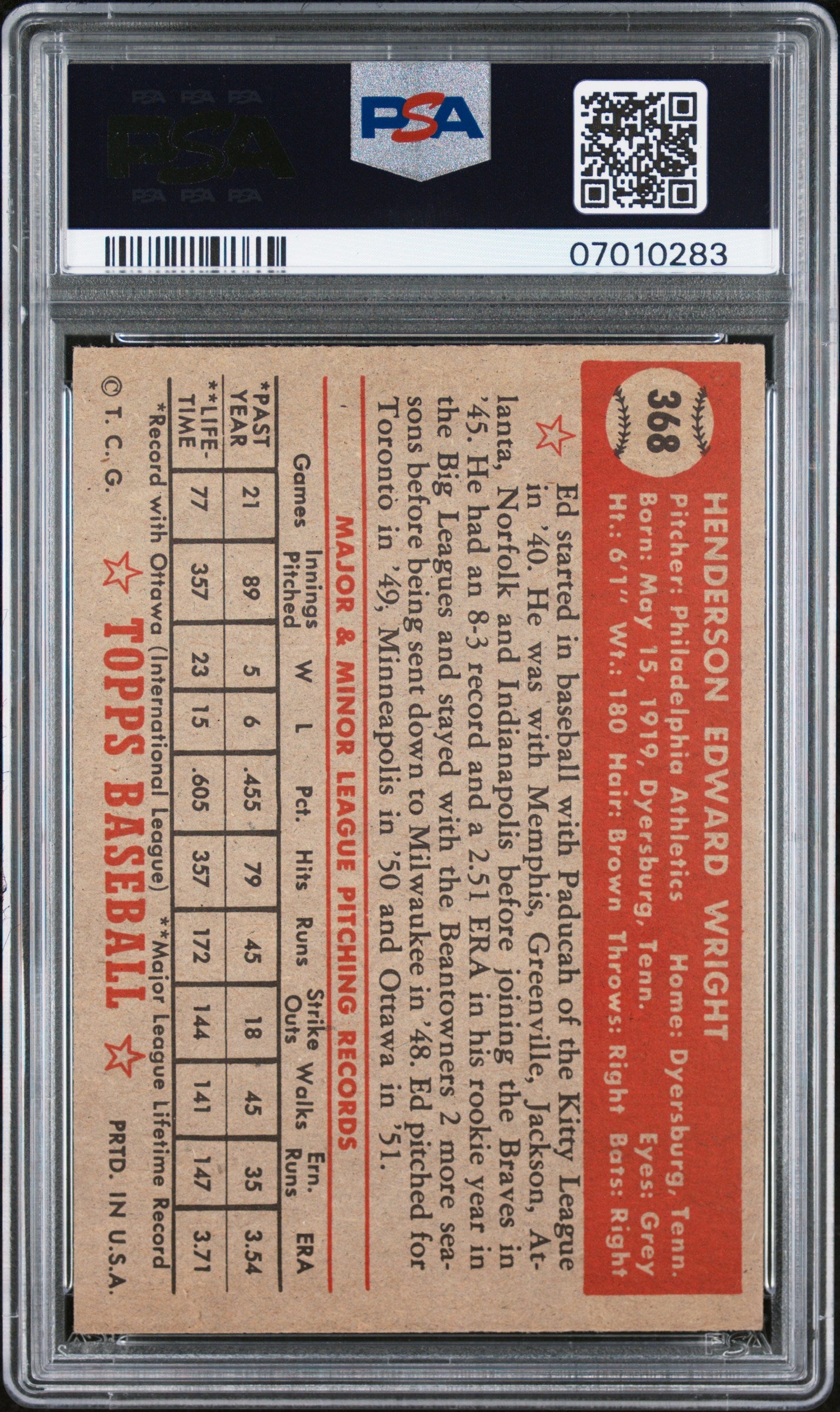1952 Topps Ed Wright #368 PSA 7
