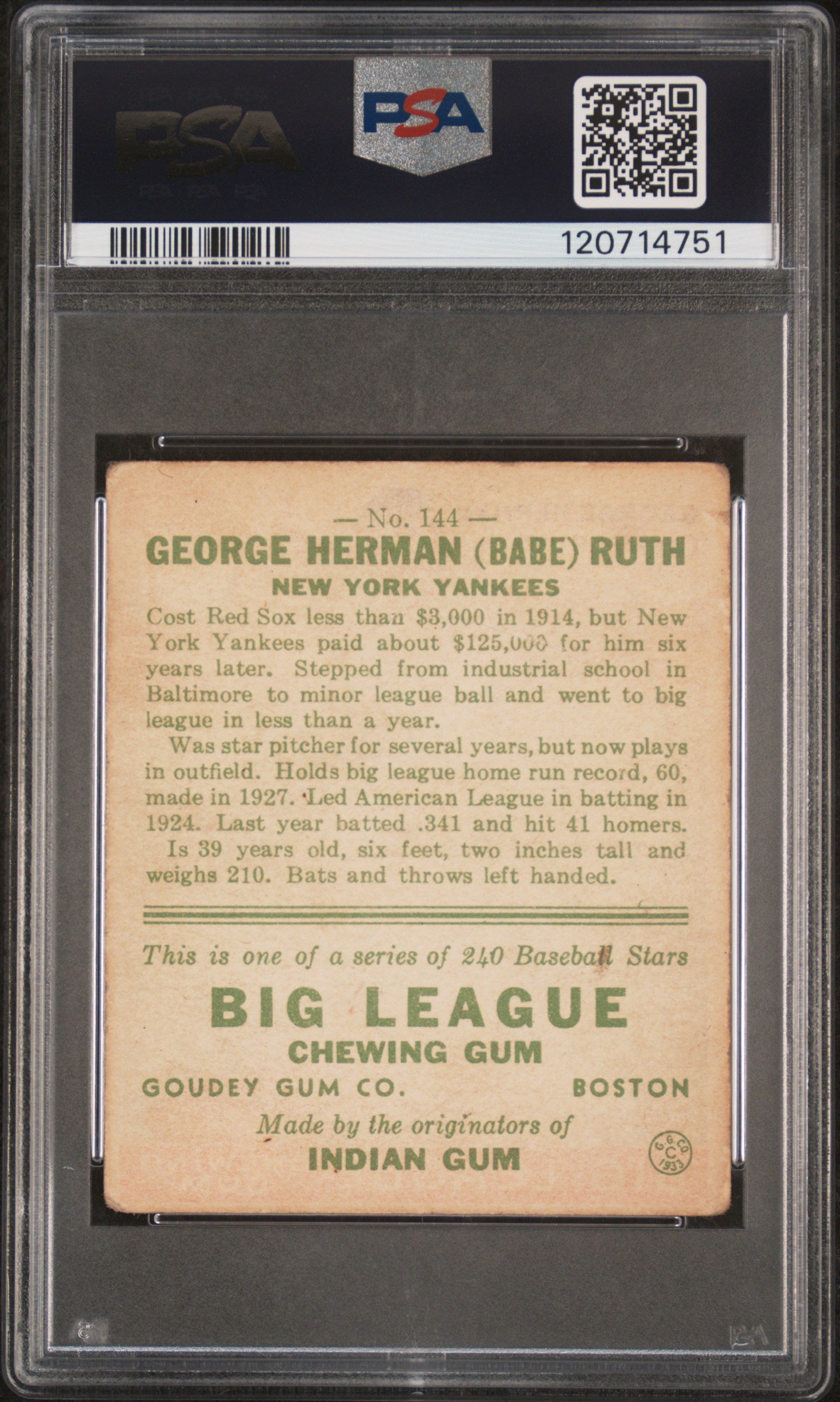 1933 Goudey Babe Ruth #144 PSA 1 MK