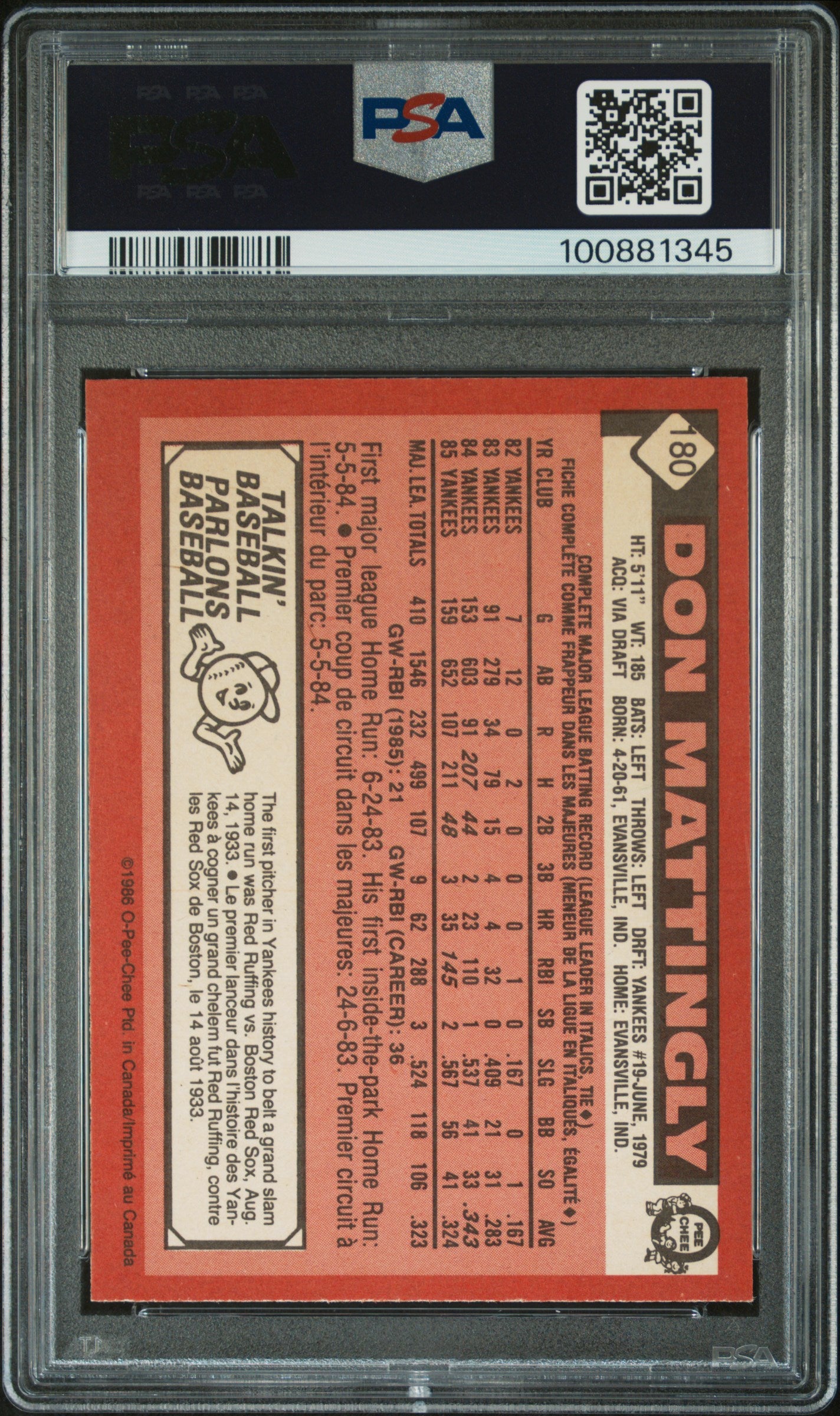 1986 O-Pee-Chee Don Mattingly #180 PSA 9