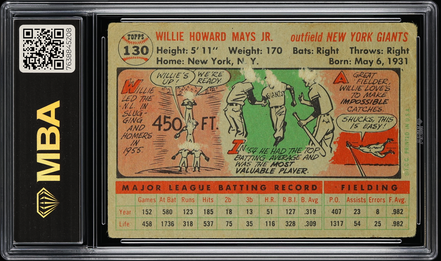 1956 Topps Willie Mays #130 Gray Back MBA 1