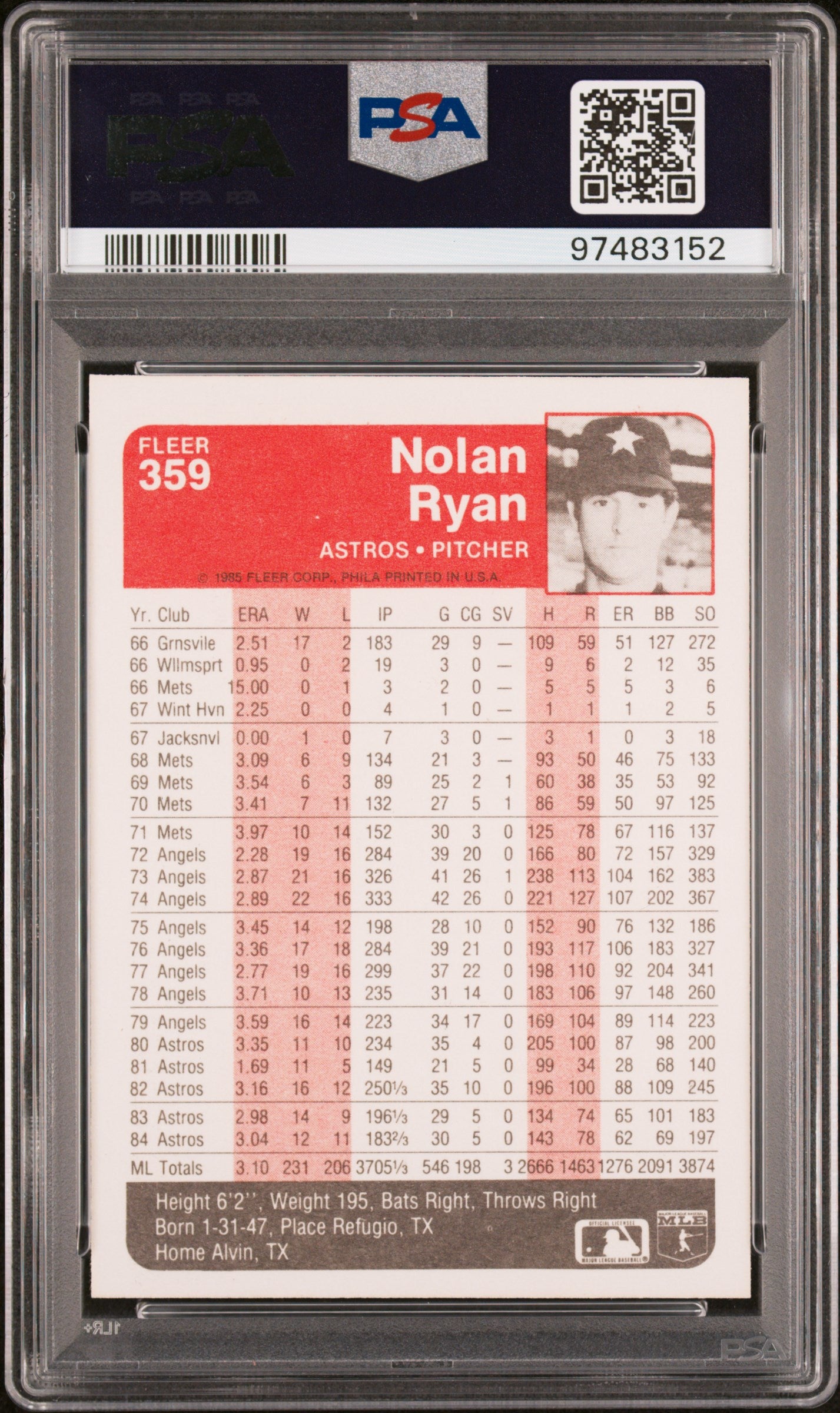 1985 Fleer Nolan Ryan #359 PSA 10