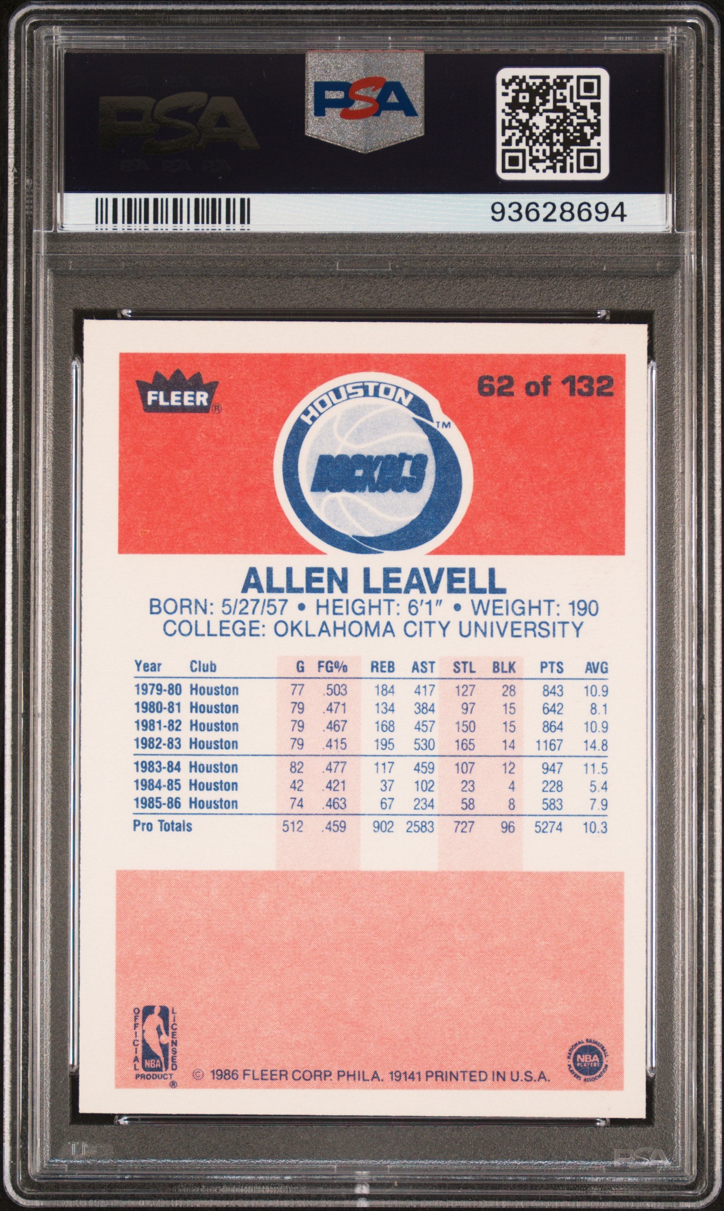 1986 Fleer Allen Leavell #62 PSA 9