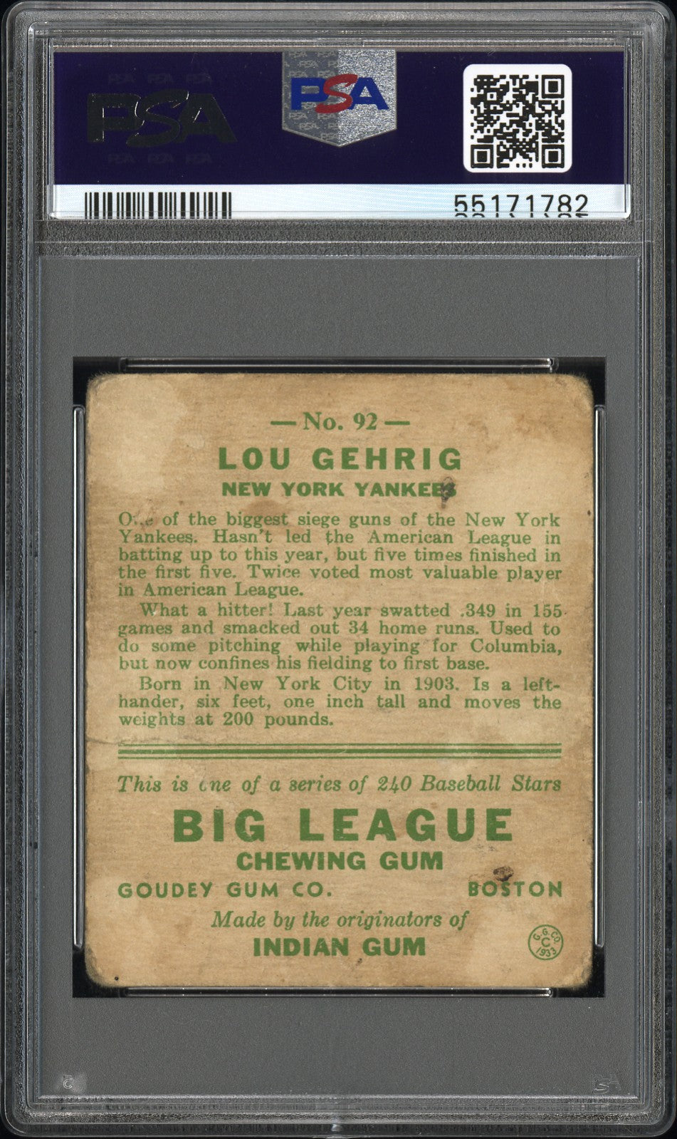1933 Goudey Lou Gehrig #92 PSA 1