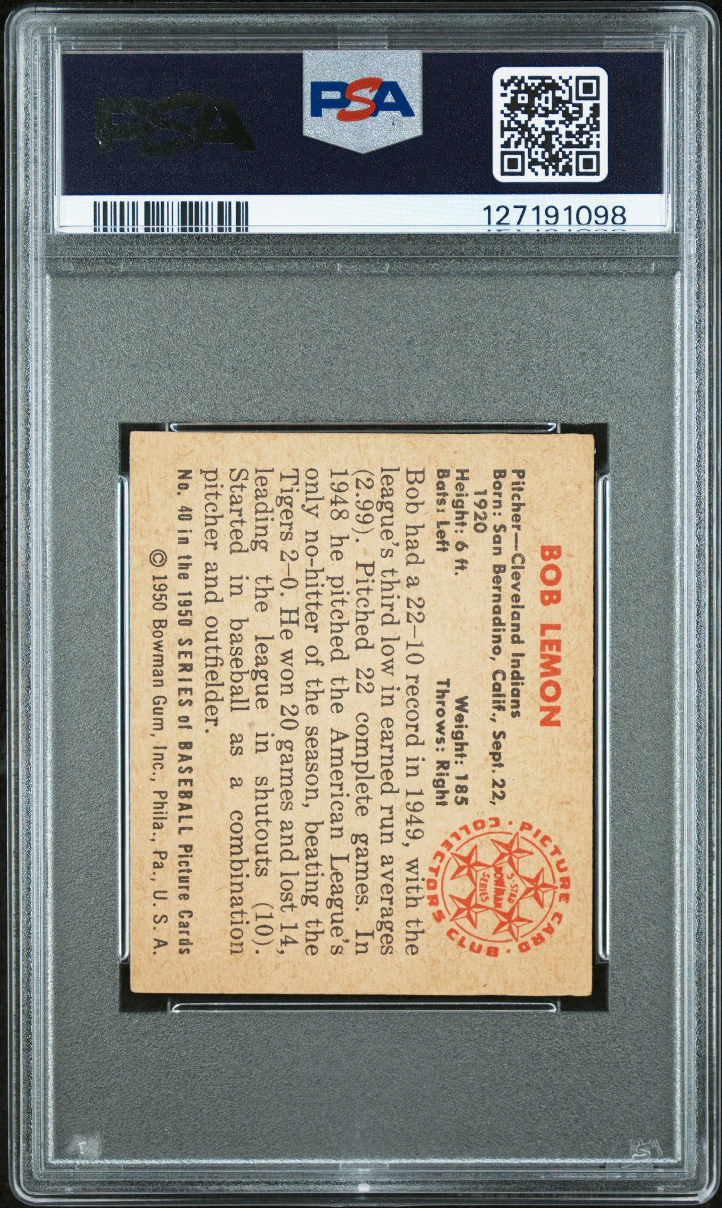 1950 Bowman Bob Lemon #40 PSA 4