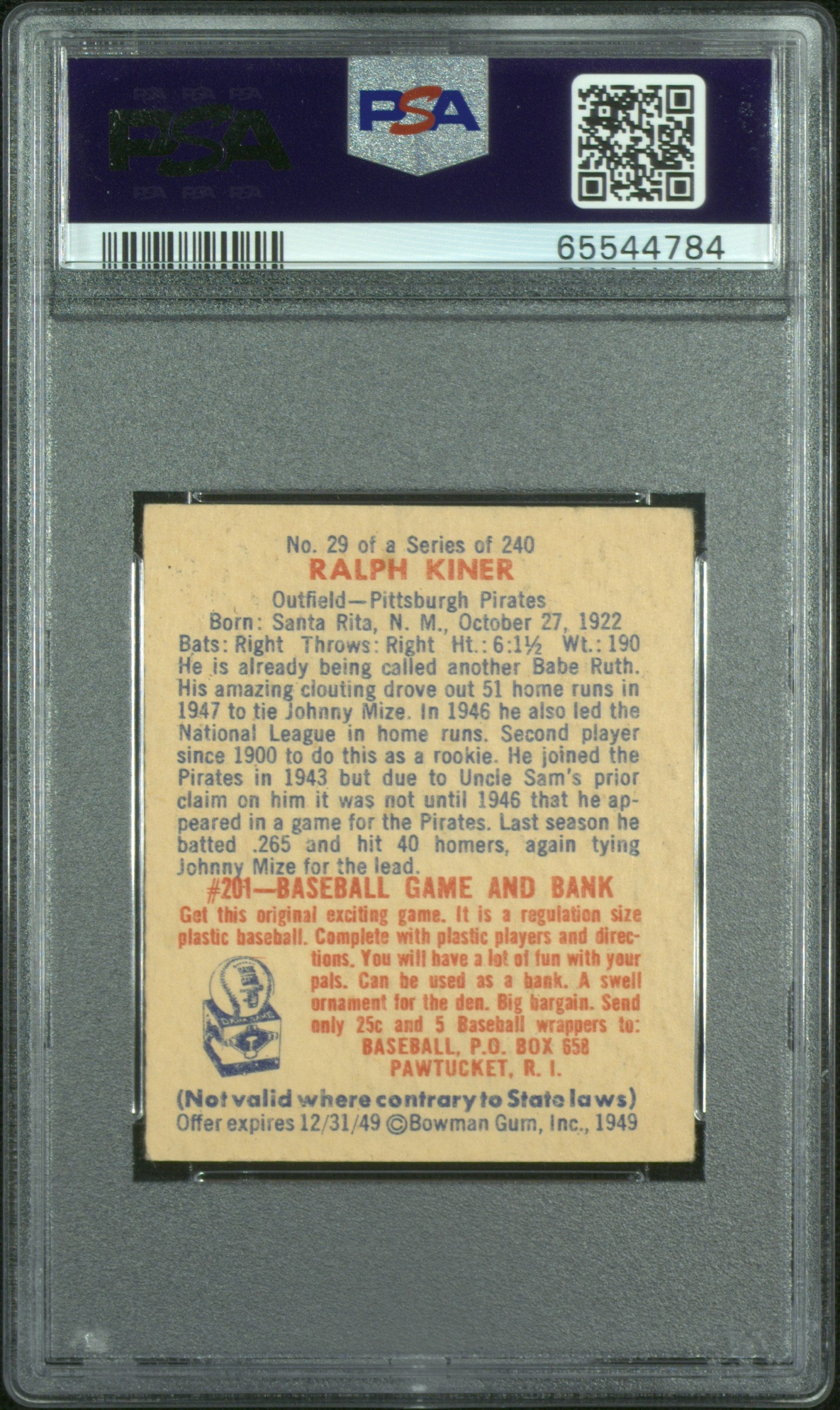 1949 Bowman Ralph Kiner #29 PSA 3