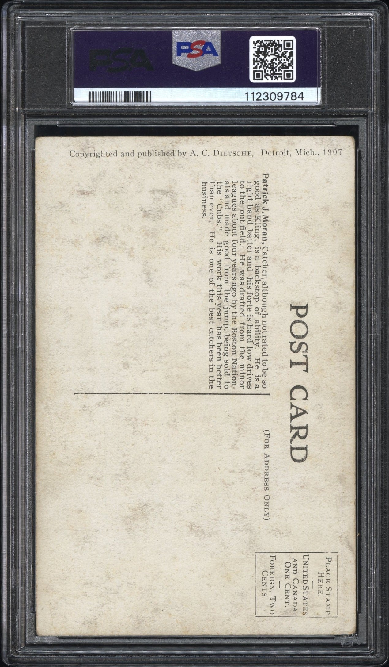 1907 Dietsche Chicago Cubs Postcards Patrick J. Moran PSA 3