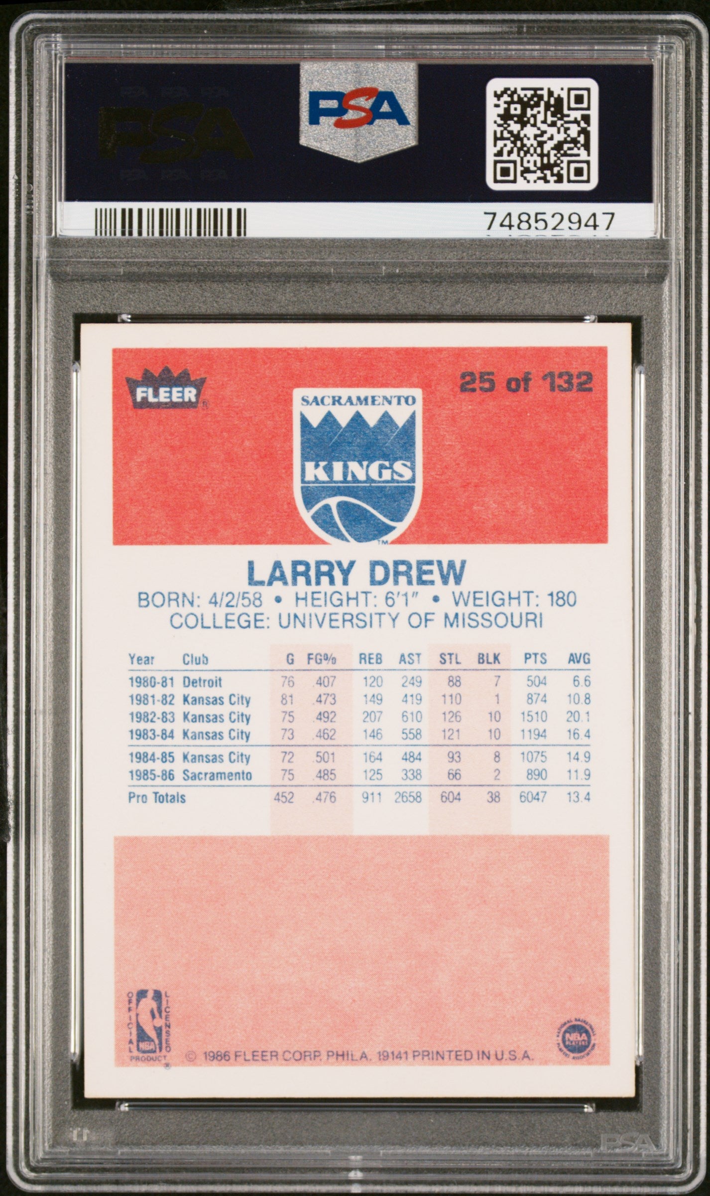 1986 Fleer Larry Drew #25 PSA 9