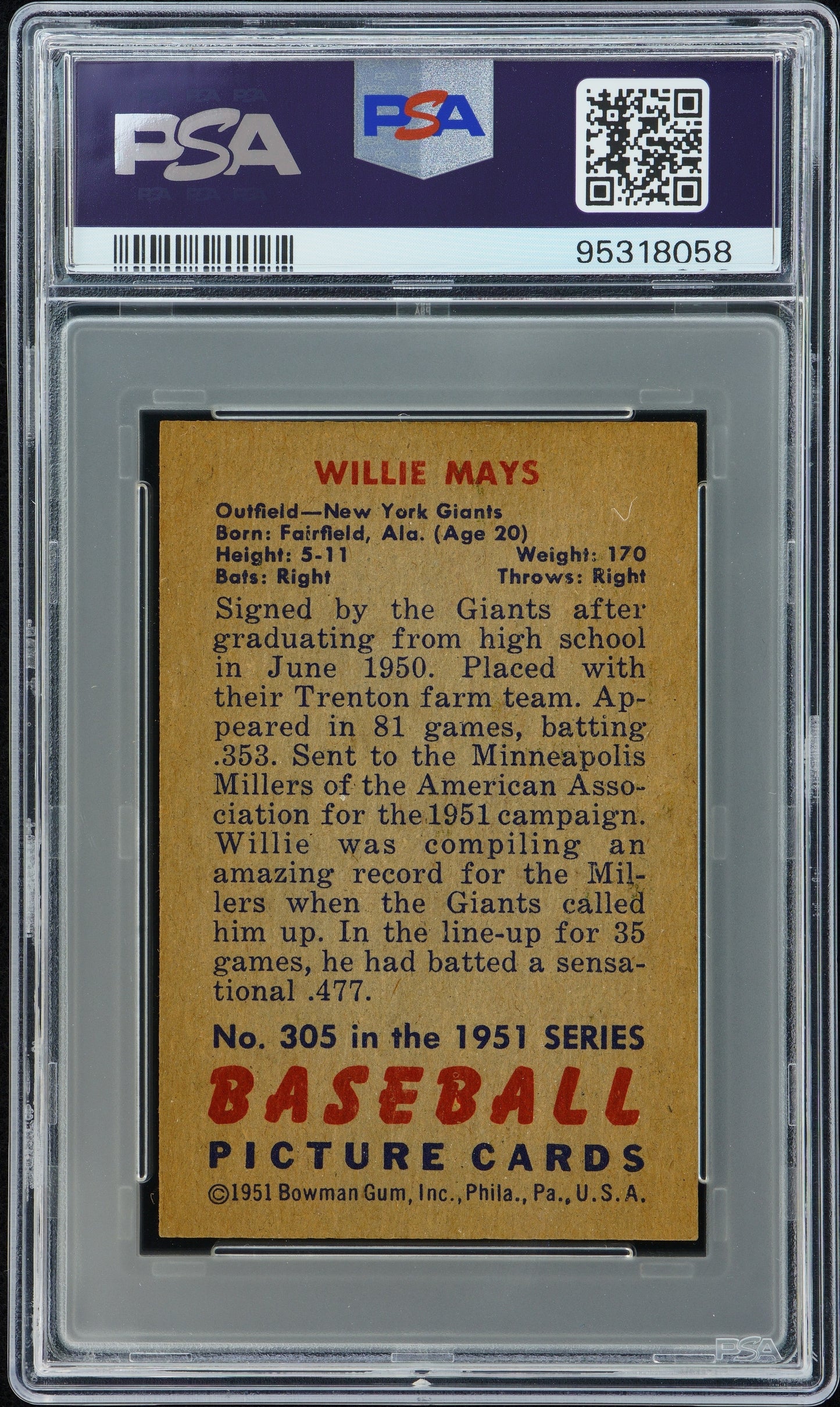 1951 Bowman Willie Mays #305 PSA 6