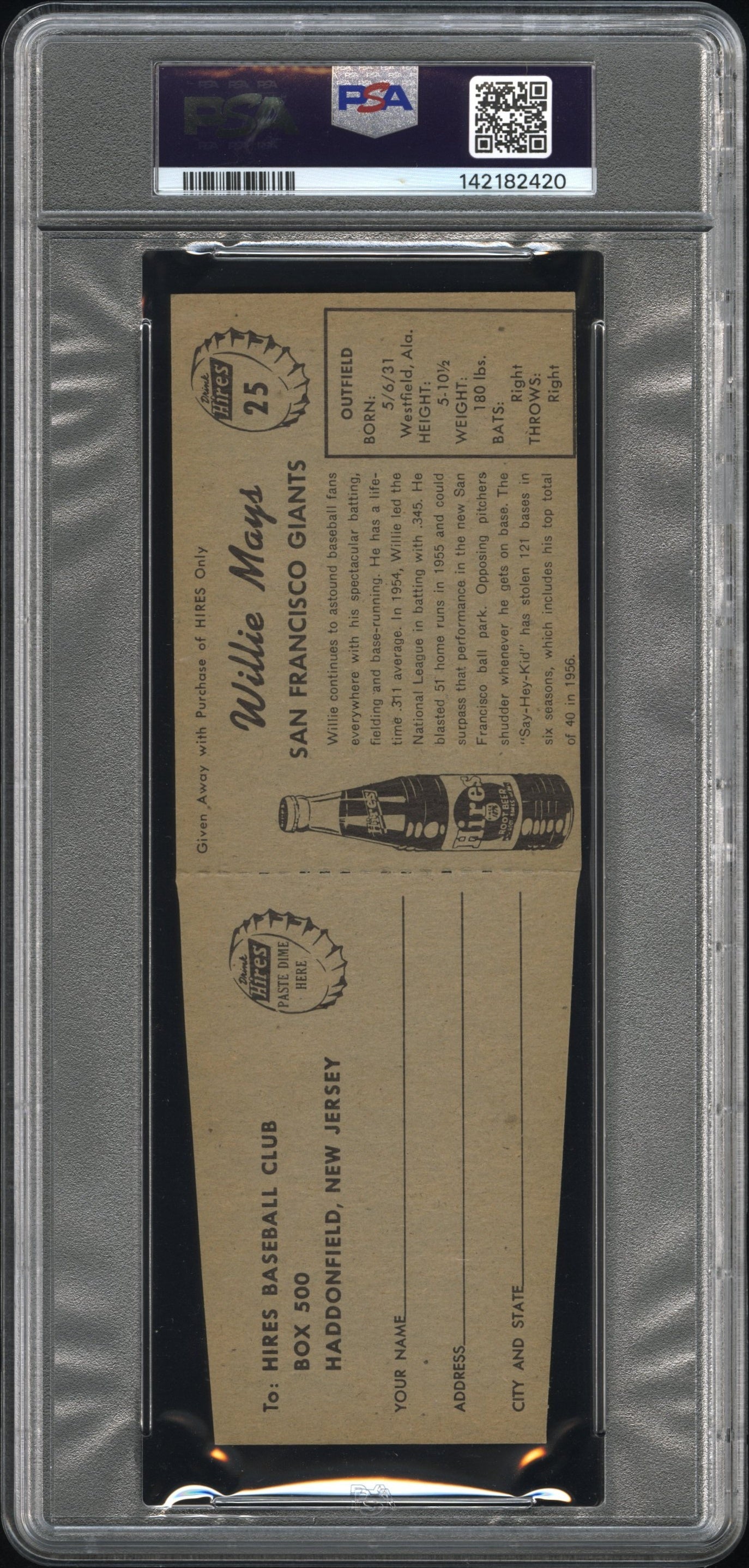1958 Hires Root Beer Willie Mays #25 With Tab PSA 7