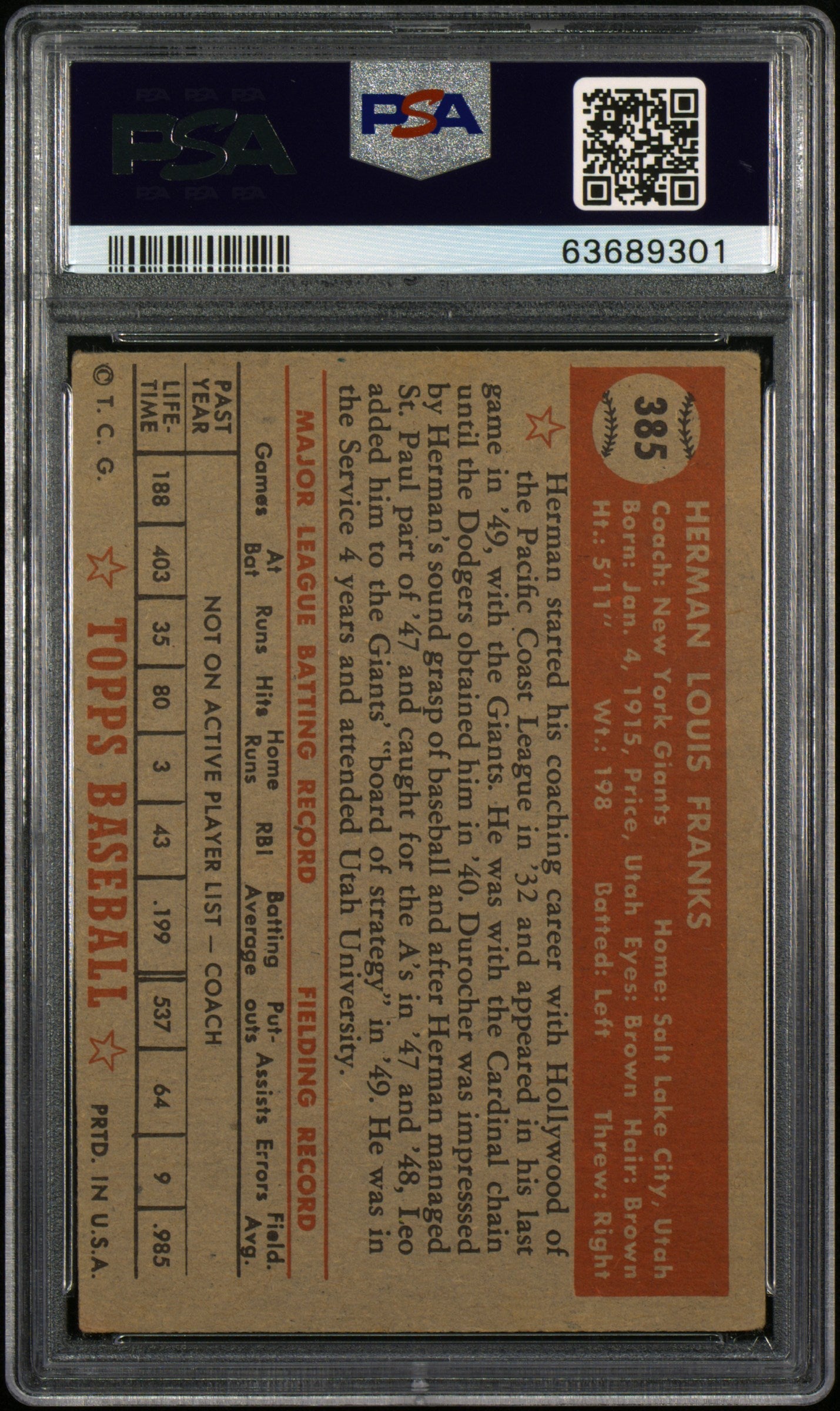 1952 Topps Herman Franks #385 PSA 3