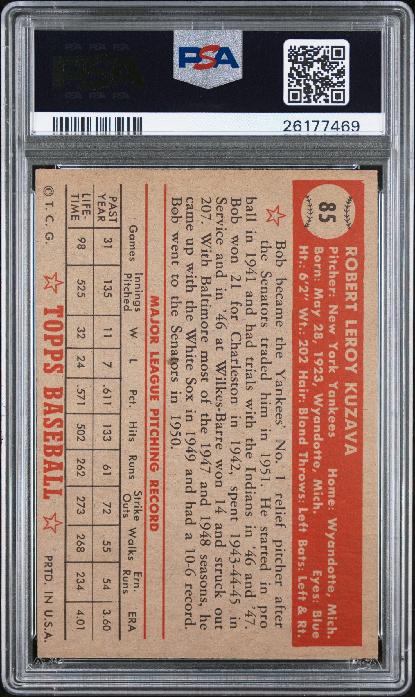 1952 Topps Bob Kuzava #85 PSA 7