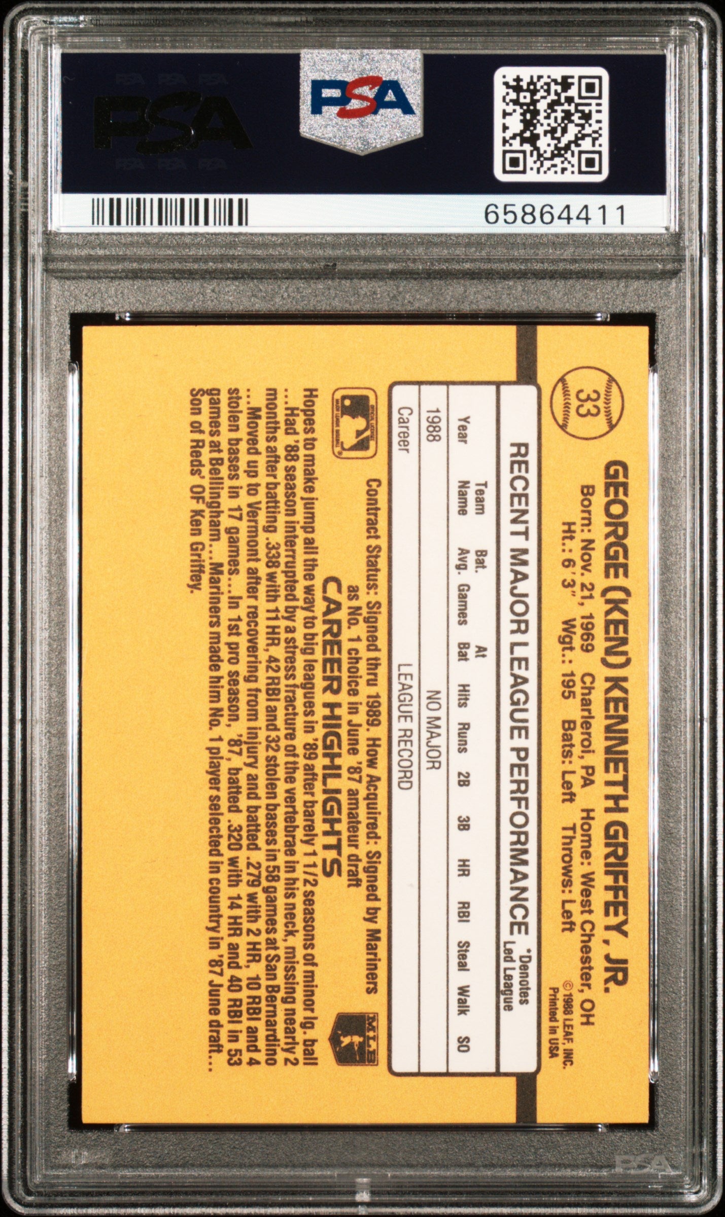 1989 Donruss Ken Griffey JR. #33 PSA 10 Auto A