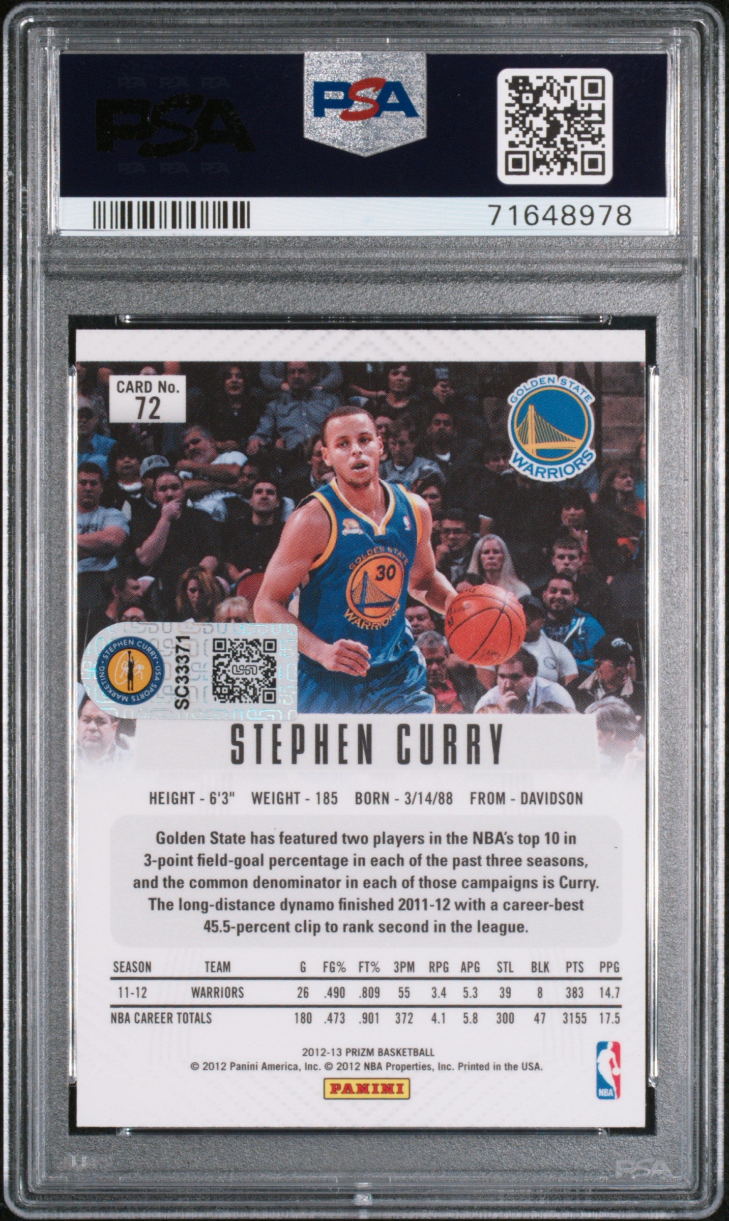2012 Panini Prizm Stephen Curry #72 PSA 9 Auto 10