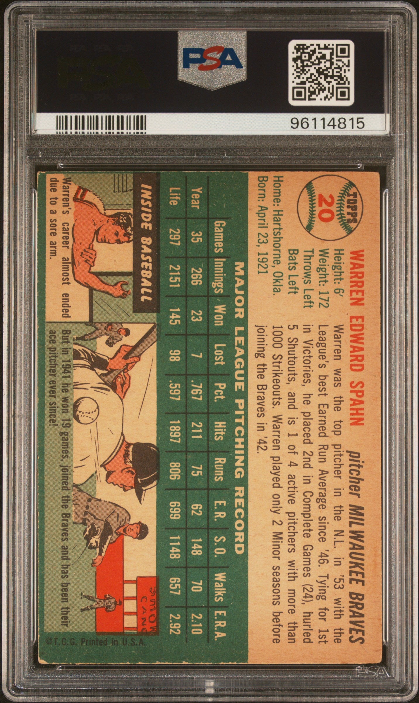 1954 Topps Warren Spahn #20 PSA 3 Auto 9