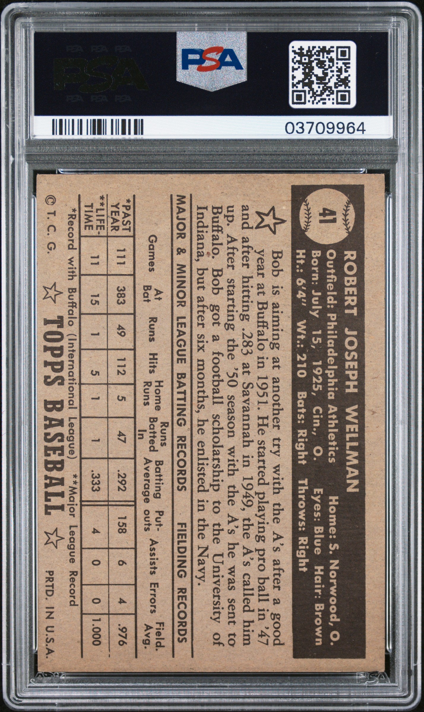 1952 Topps Bob Wellman #41 Black Back PSA 7