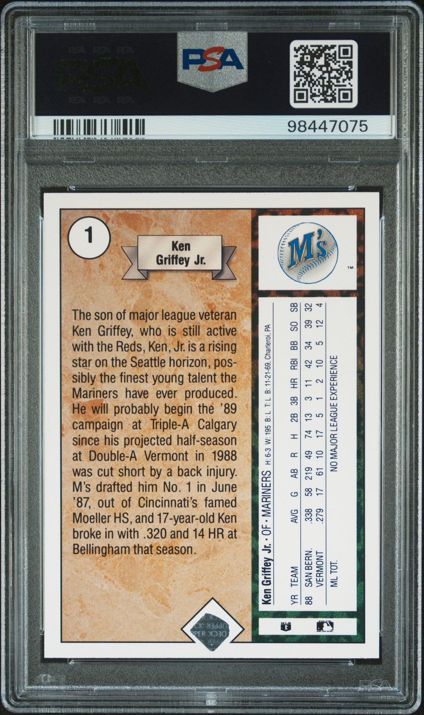 1989 Upper Deck Ken Griffey JR. #1 Star Rookie PSA 9 Auto 10