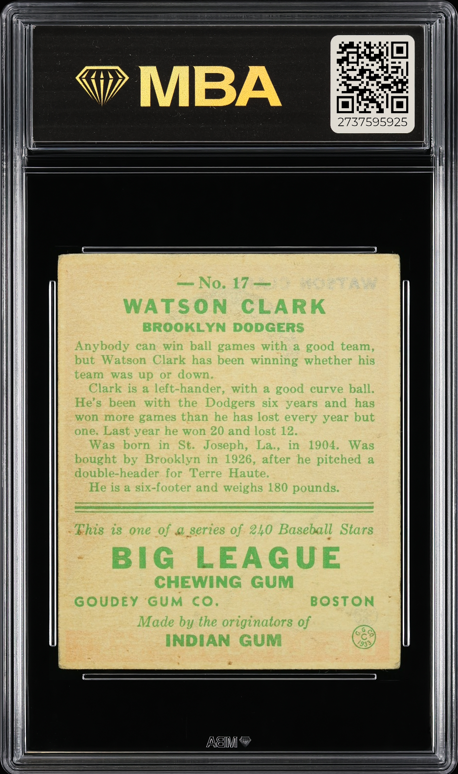 1933 Goudey Watson Clark #17 MBA 3