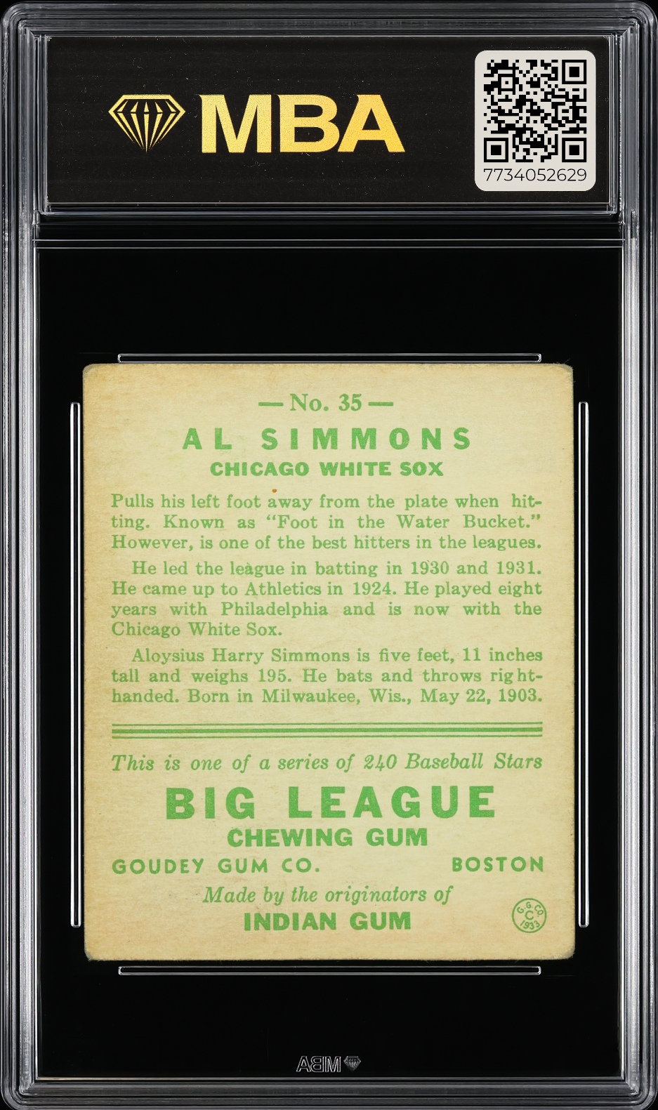 1933 Goudey Al Simmons #35 MBA 3