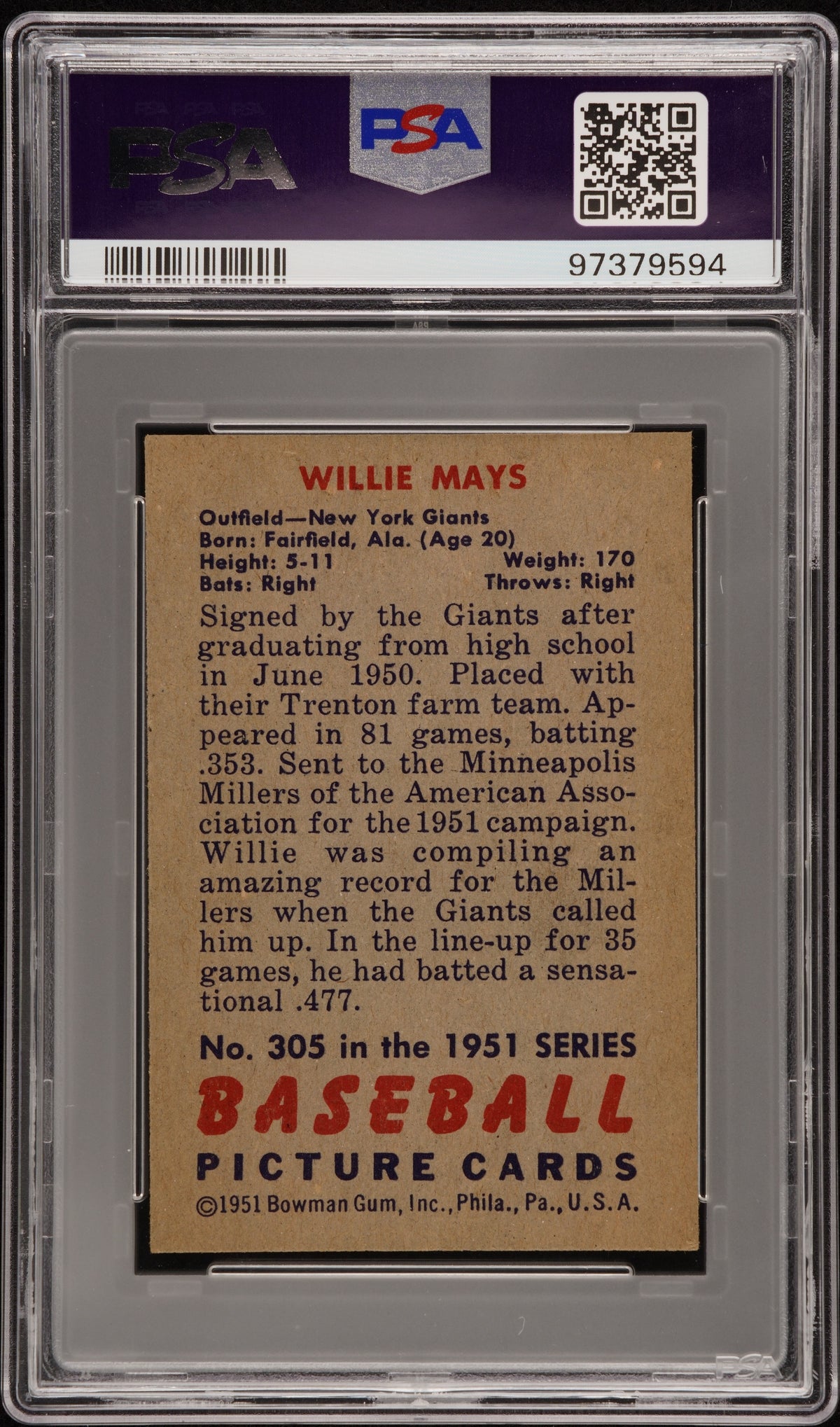 1951 Bowman Willie Mays #305 PSA 6