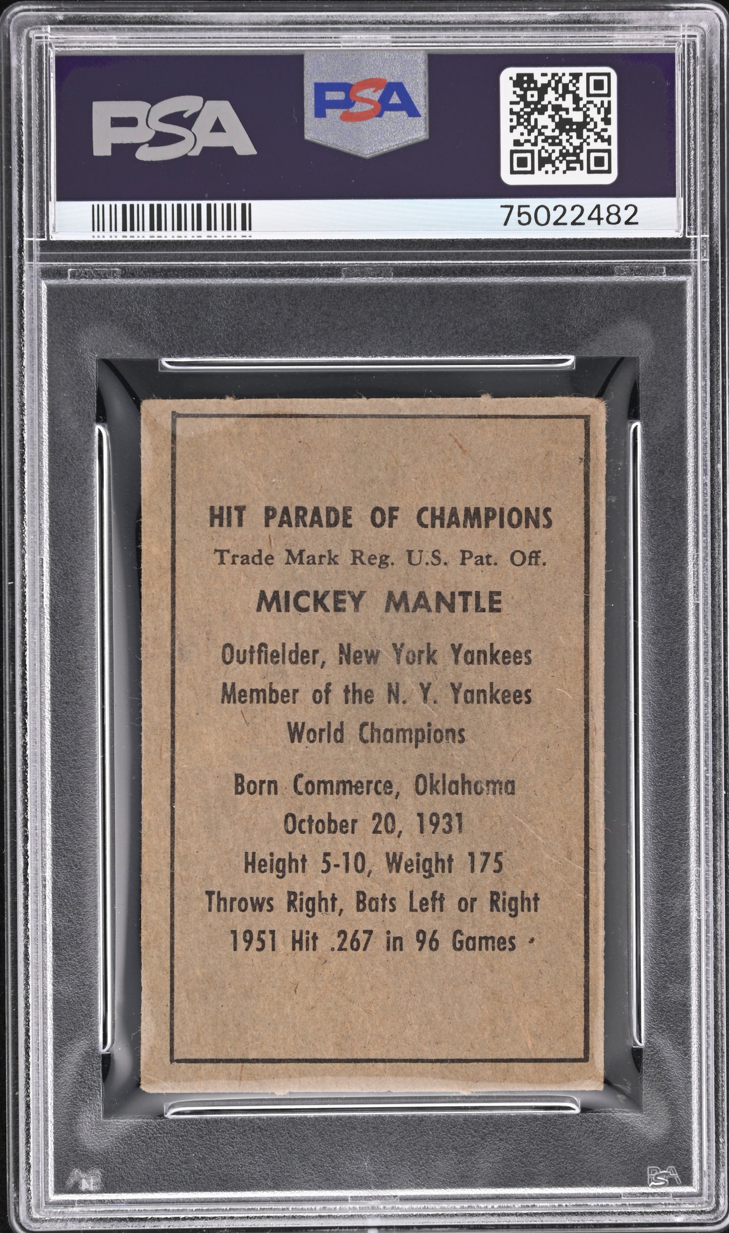 1952 Berk Ross Mickey Mantle PSA 2.5