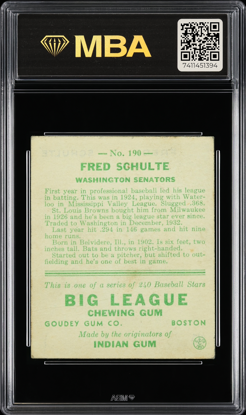 1933 Goudey Fred Schulte #190 MBA 3
