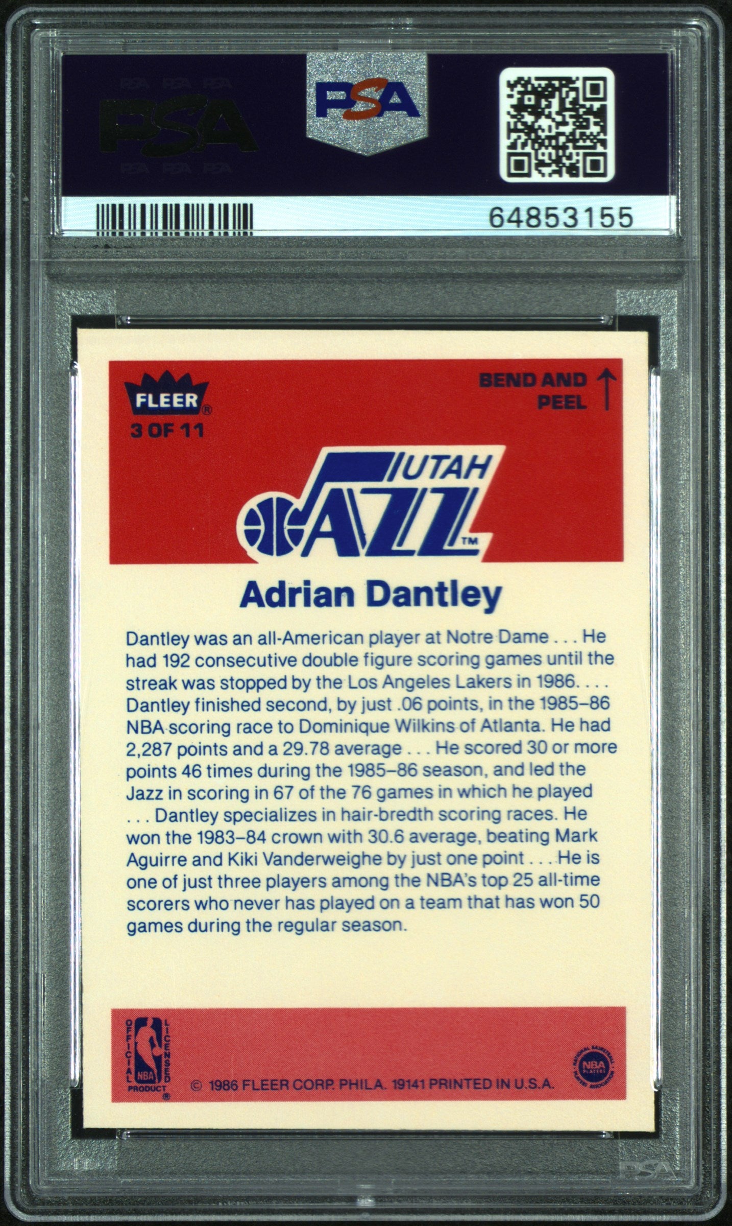 1986 Fleer Sticker Adrian Dantley #3 PSA 9