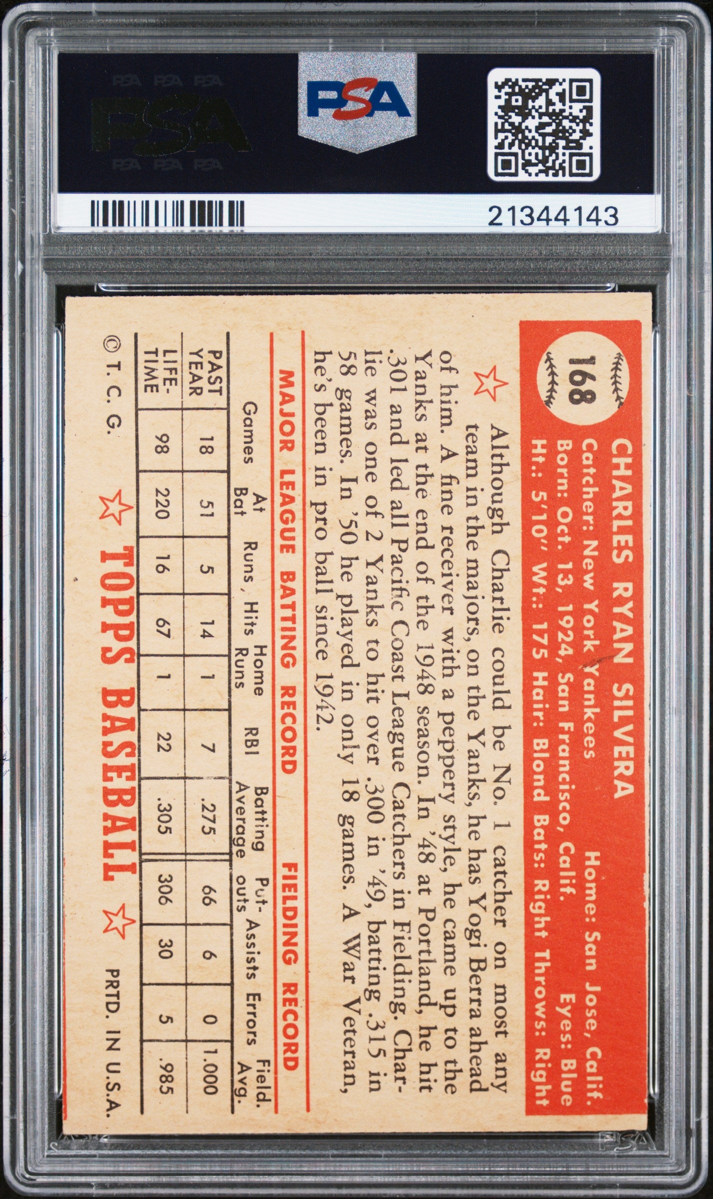1952 Topps Charlie Silvera #168 PSA 8 MC