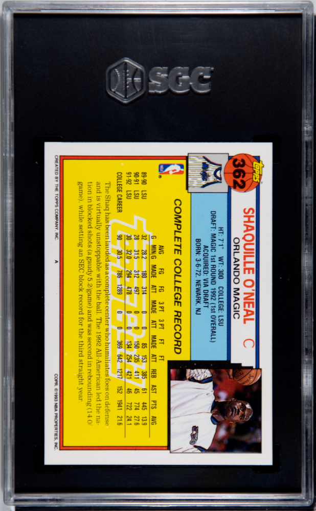1992 Topps Shaquille O'Neal #362 Gold SGC 8.5