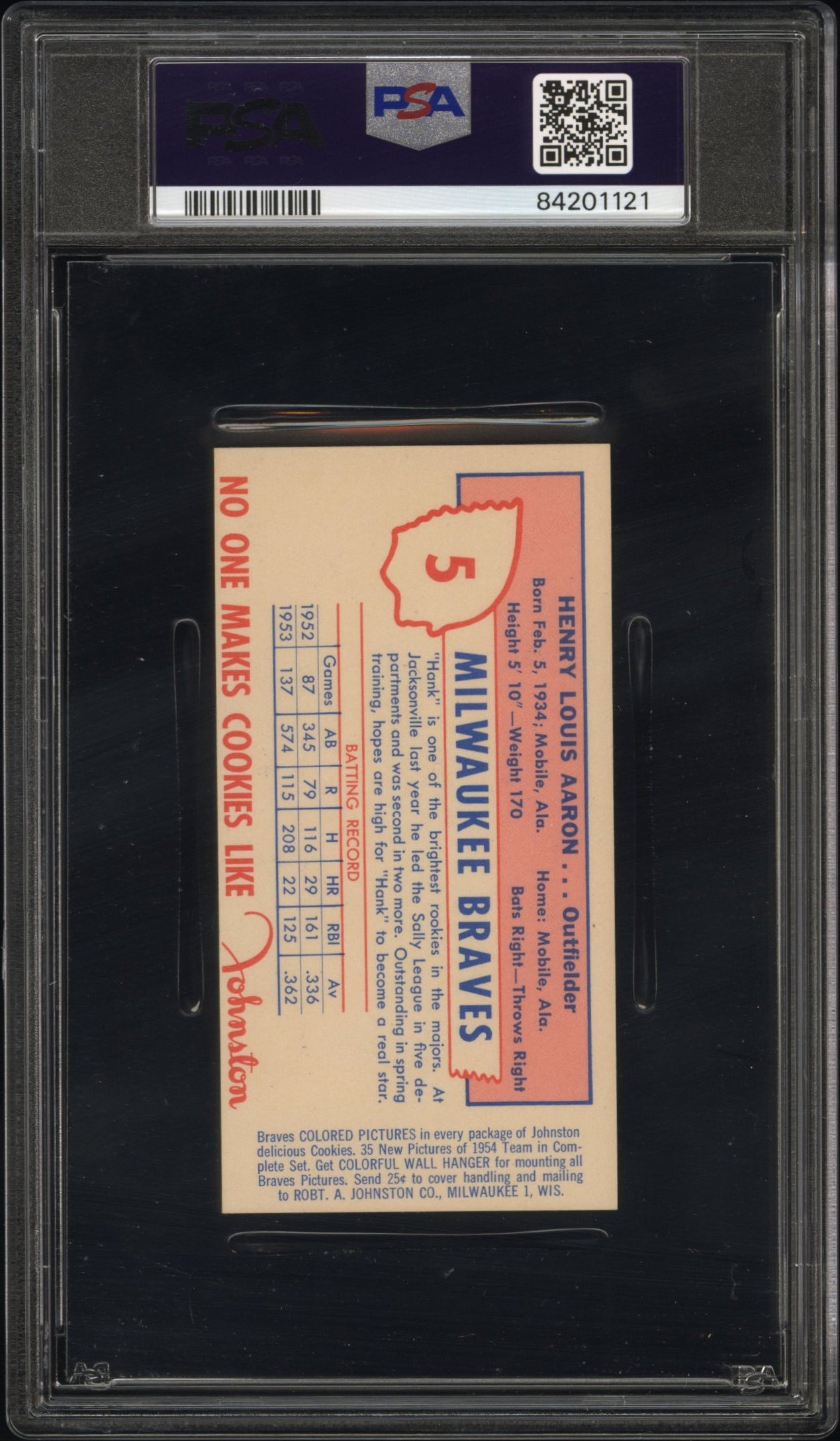 1954 Johnston Cookies Braves Henry Aaron #5 PSA 8
