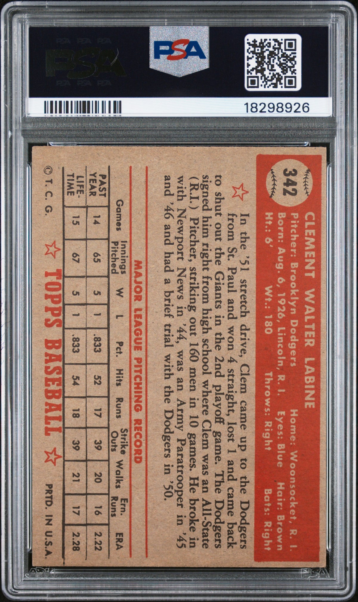 1952 Topps Clem Labine #342 PSA 7.5