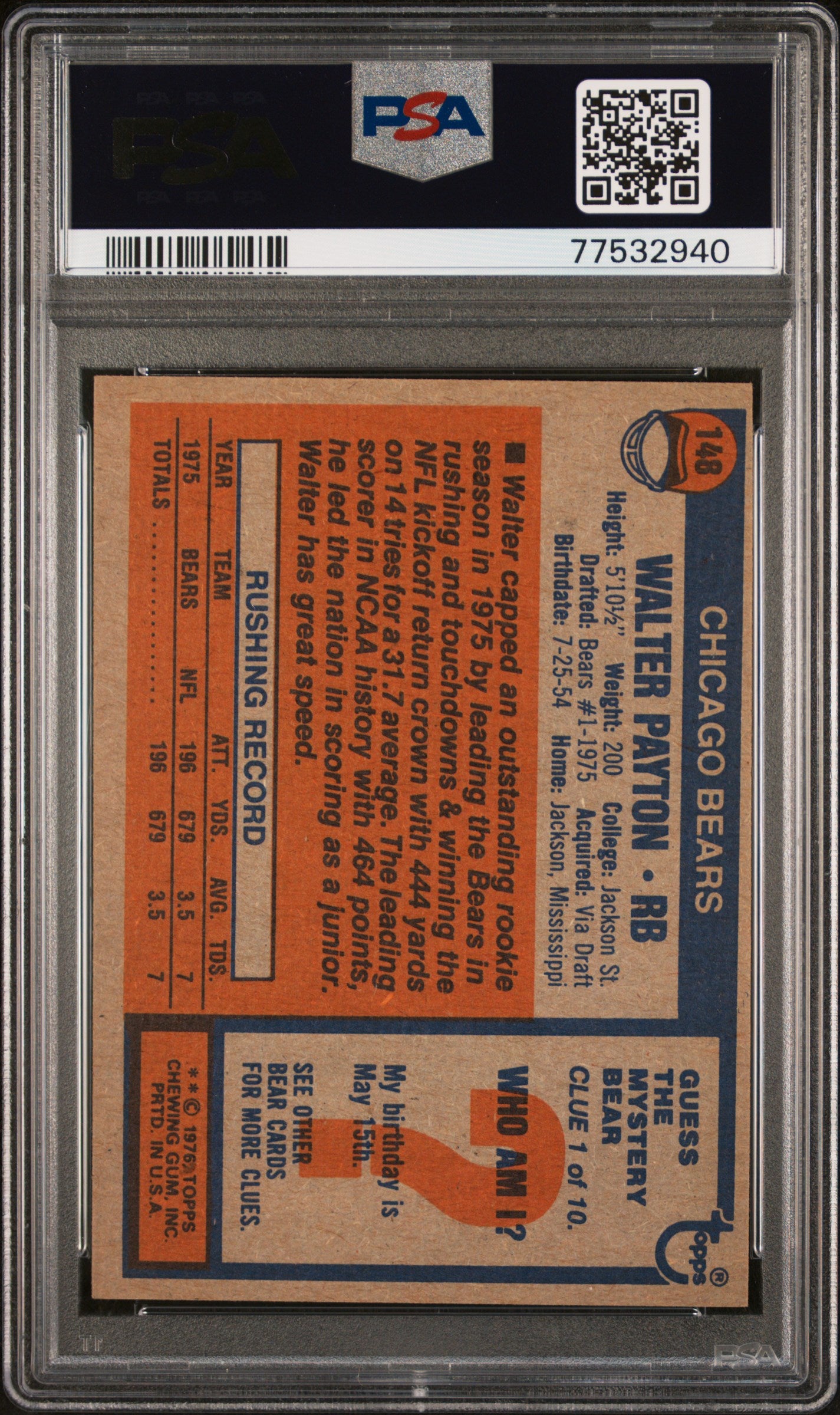 1976 Topps Walter Payton #148 PSA 7