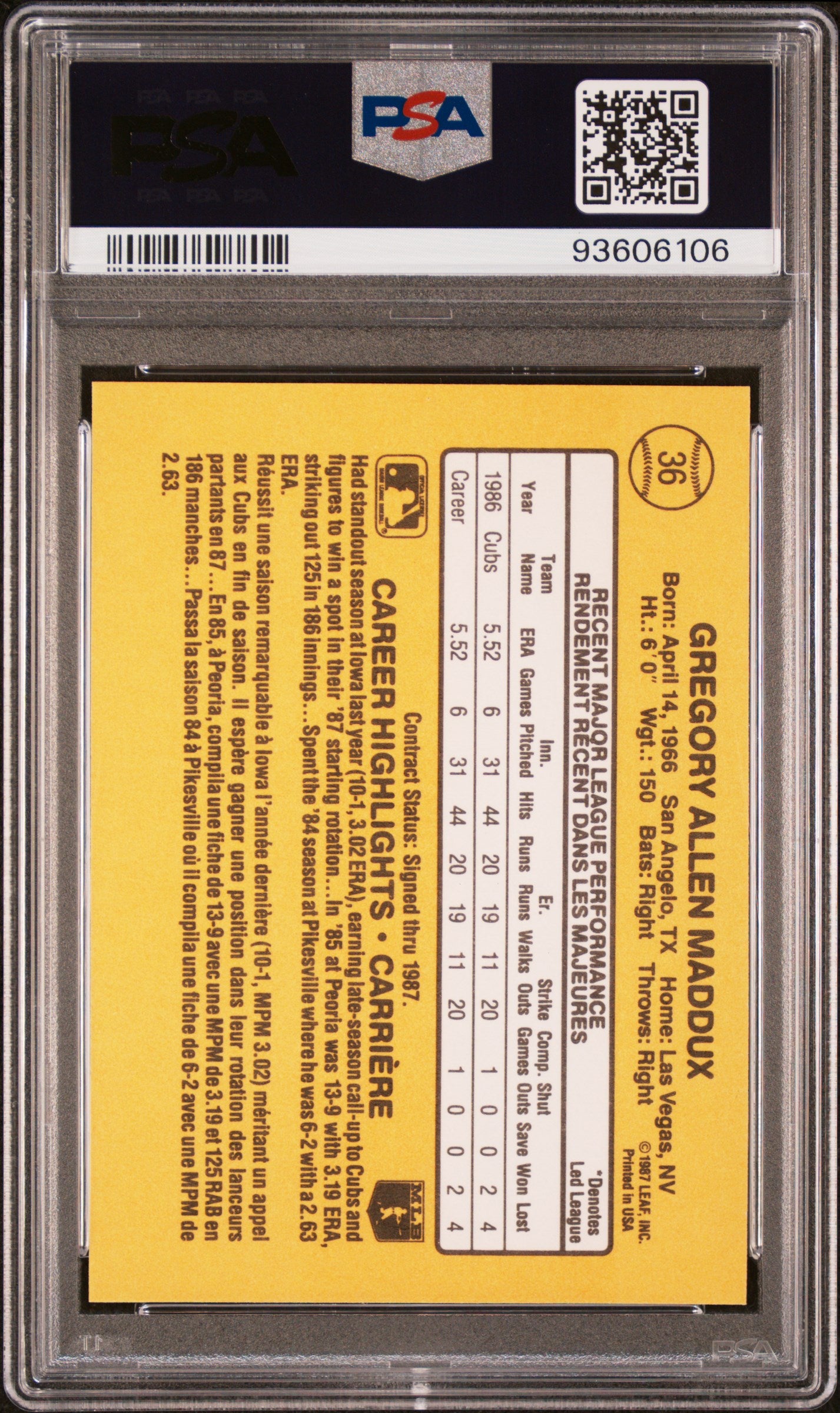 1987 Leaf Greg Maddux #36 PSA 9